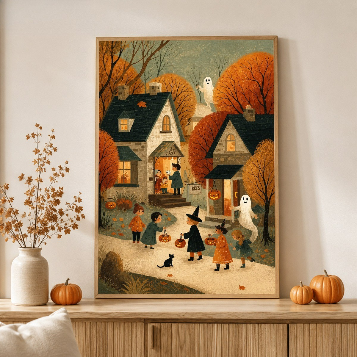 Vintage Spooky Fall Trick‑or‑Treat Kids Halloween Town Framed Canvas Mantel Art
