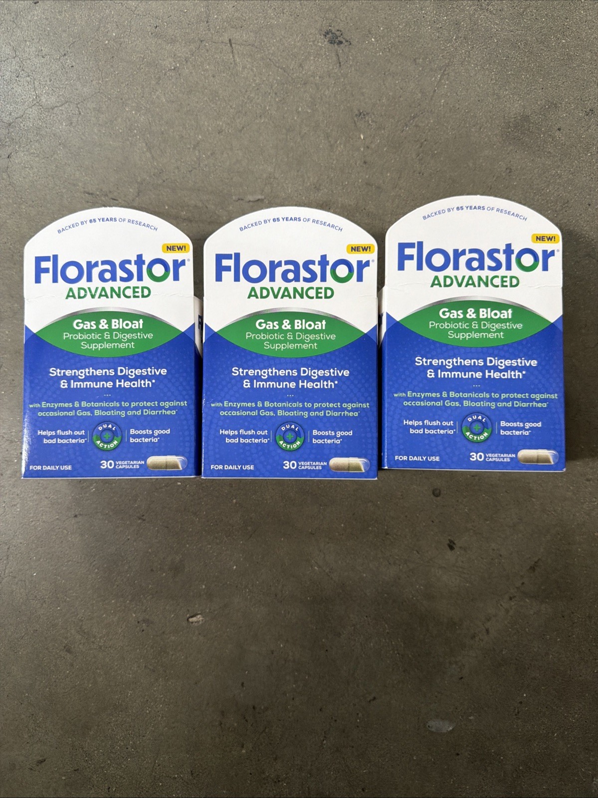 3 FLORASTOR ADVANCED DUAL ACTION PROBIOTIC SUPPLEMENT X3  30cts, EXP 1/27