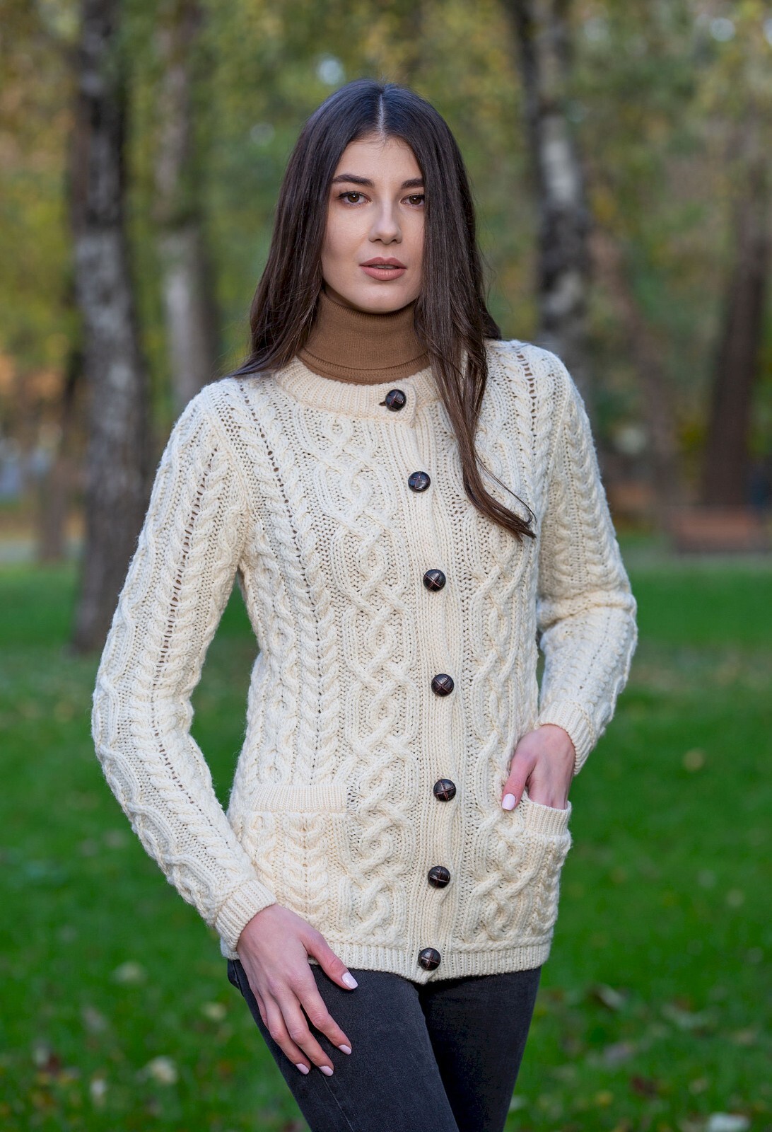 SAOL  100% Merino Wool  Aran Irish Cardigan Sweater Women's Cable Knitted Jacket