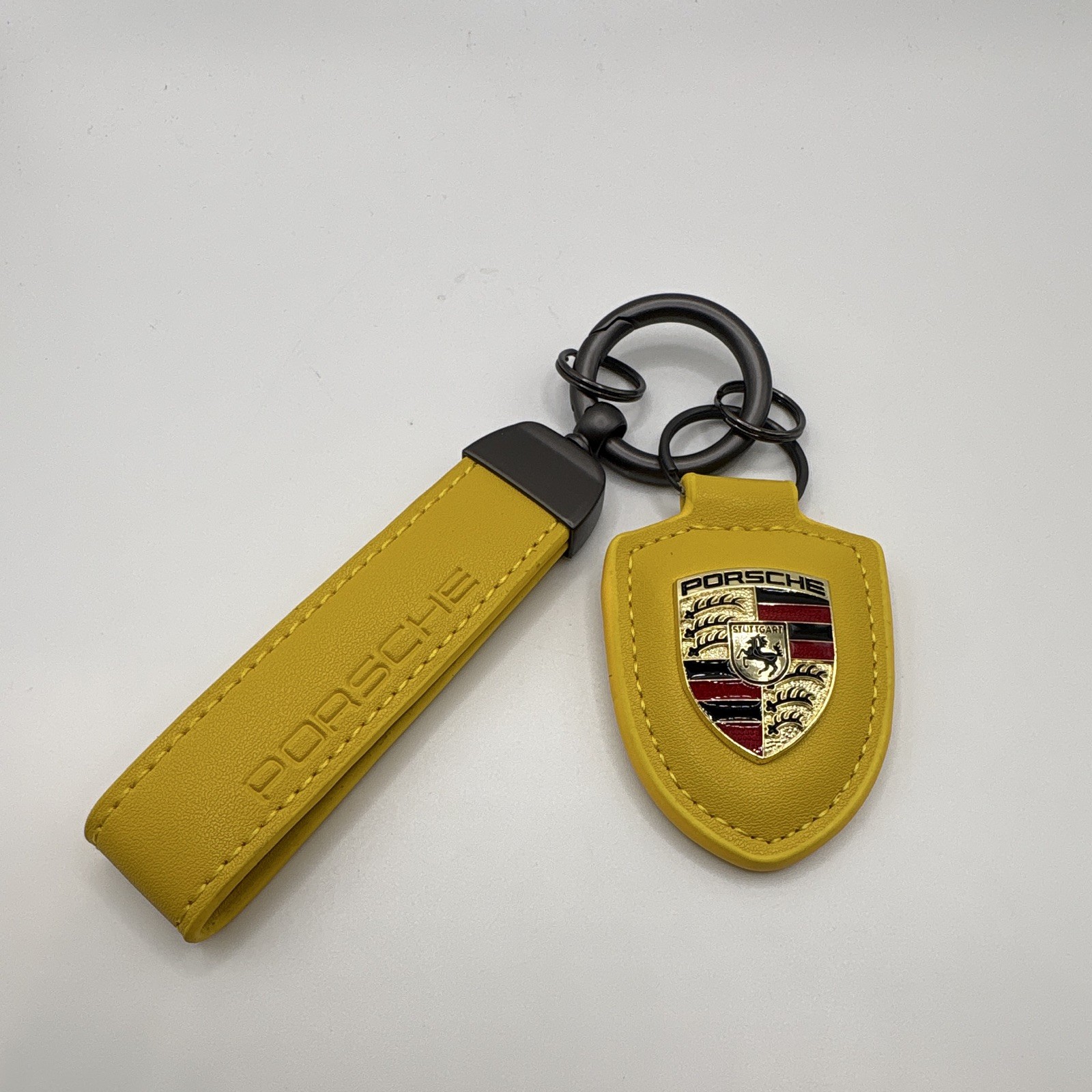 NEW - Custom Leather Porsche Emblem Crest Yellow Gunmetal Car Keychain Set Gift NEW - Custom Leather Porsche Emblem Crest Yellow Gunmetal Car Keychain Set Gift