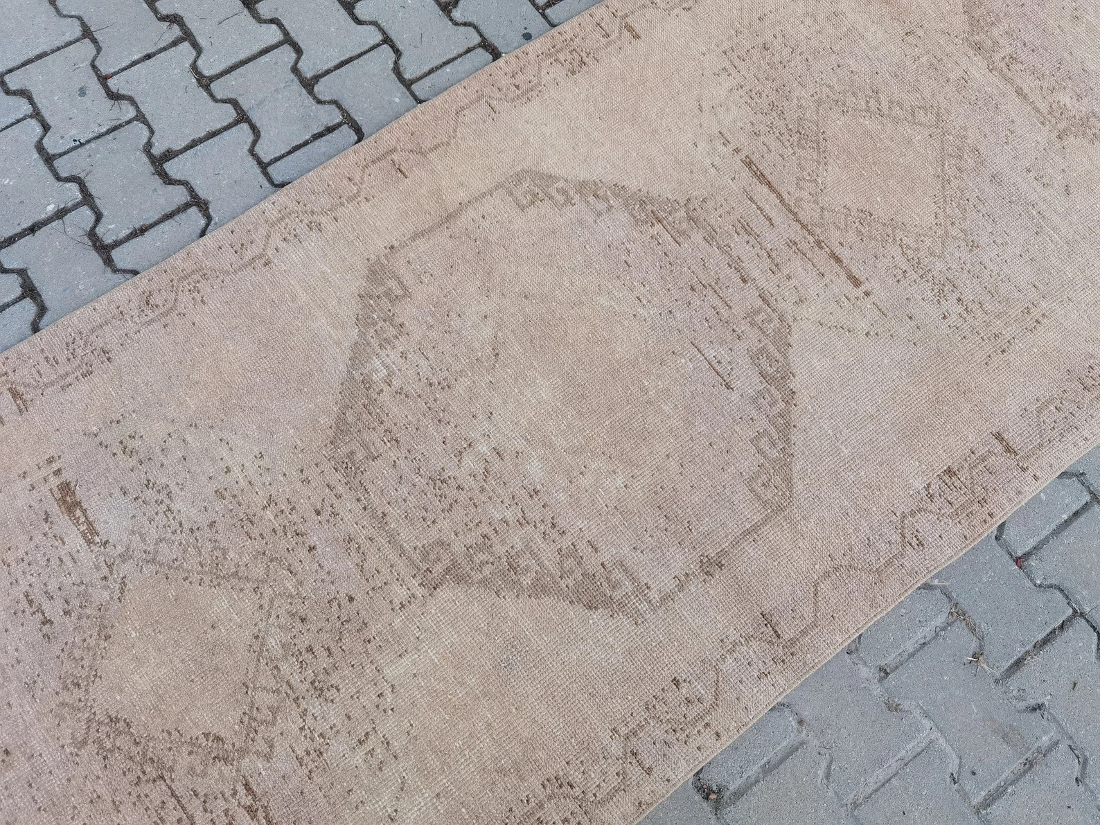 Muted Vintage Oushak Runner 4x11 Turkish Worn Beige Erased Wool Hallway Rug
