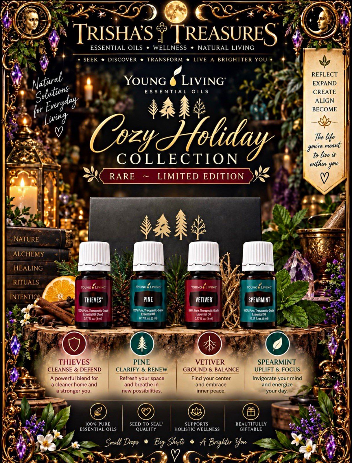 Young Living Oil Cozy Holiday Collection Thieves Pine Vetiver Spearmint