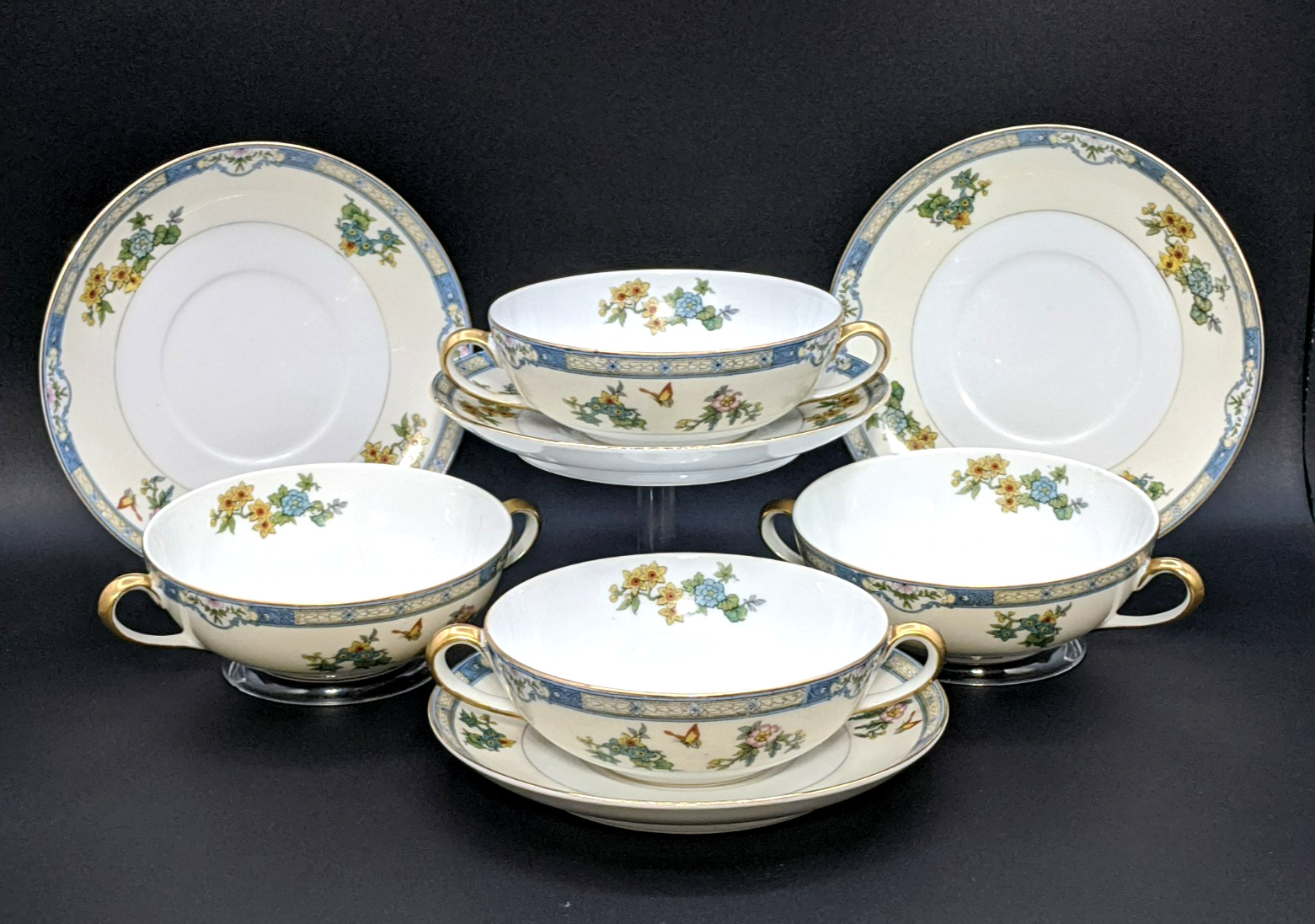 Set of 4 Noritake Cream Soup Bowls Saucers - Pattern Unknown - Circa 1924-1935
