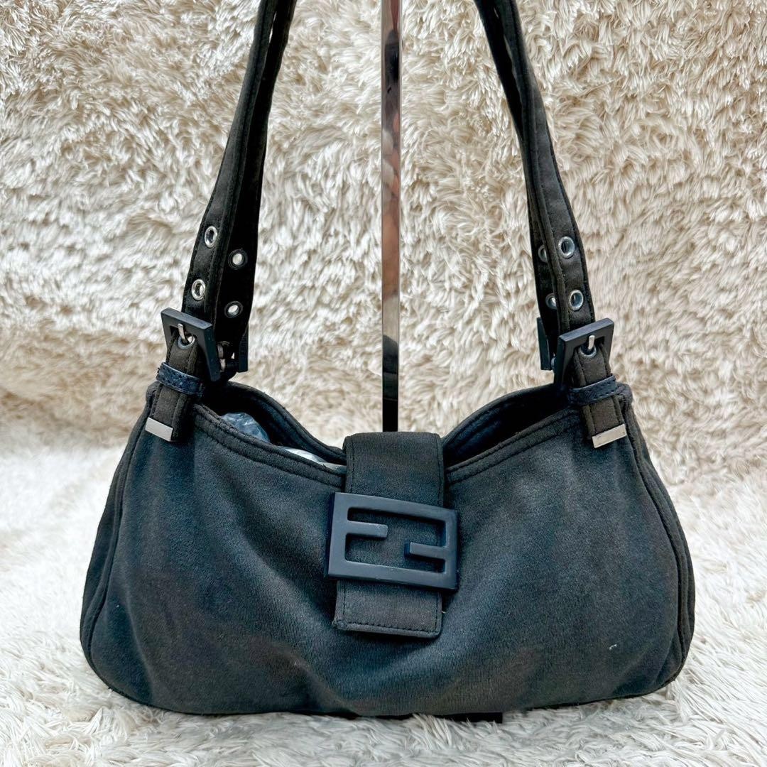 FENDI Mamma Baguette Canvas Gray Shoulder Bag Black FF Buckle Y2K Auth FENDI Mamma Baguette Canvas Gray Shoulder Bag Black FF Buckle Y2K Auth