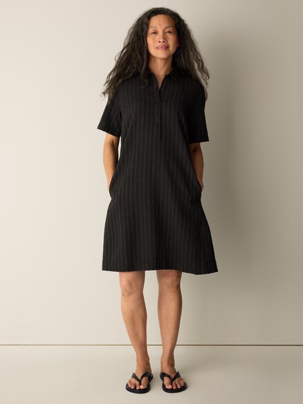 EILEENFISHER Cotton Blend Stripe Stitch Classic Collar Dress BLACK/WHITE EILEENFISHER Cotton Blend Stripe Stitch Classic Collar Dress BLACK/WHITE