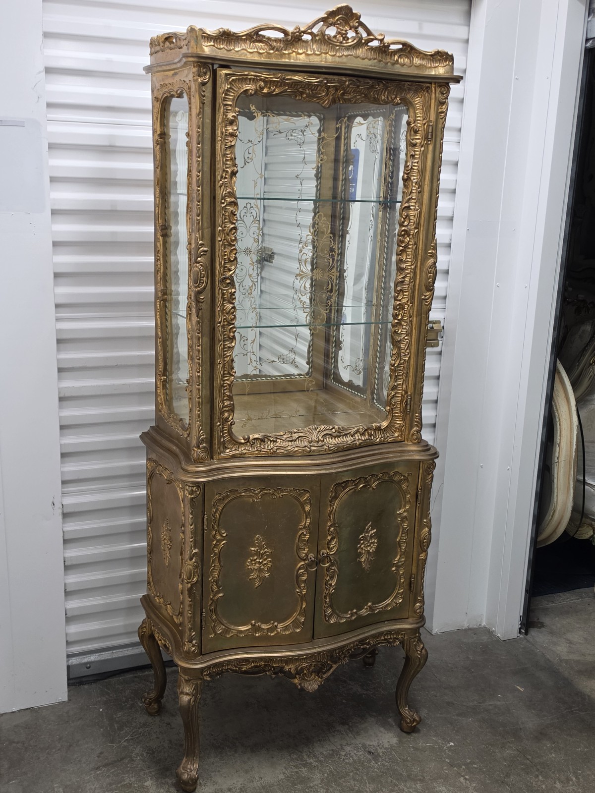 Antique French Rococo Baroque Louis XV Gold Curio Cabinet Glass Doors Carvings