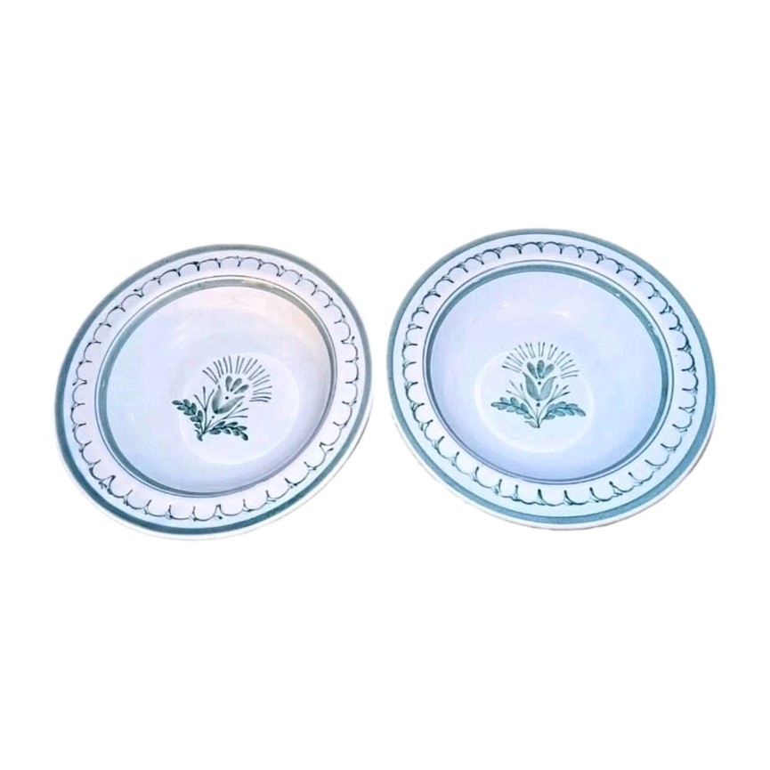 Vtg Arabia Finland GREEN THISTLE Bowl x2 Flat Rim Soup Cereal Dessert Bowls 6½\