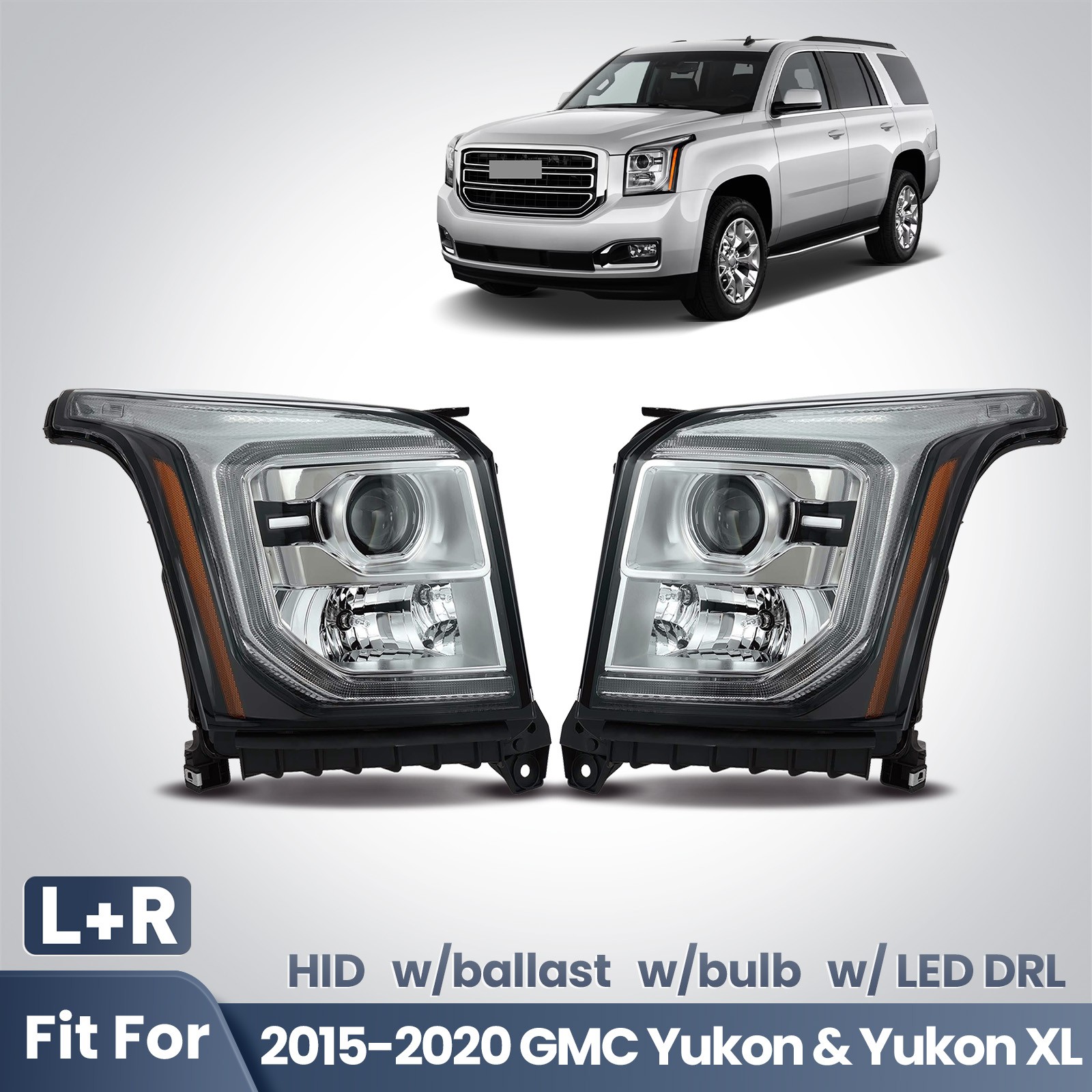 HID Headlight For 2015-2020 GMC Yukon/ Yukon XL w/bulb w/ballast Left+Right Pair