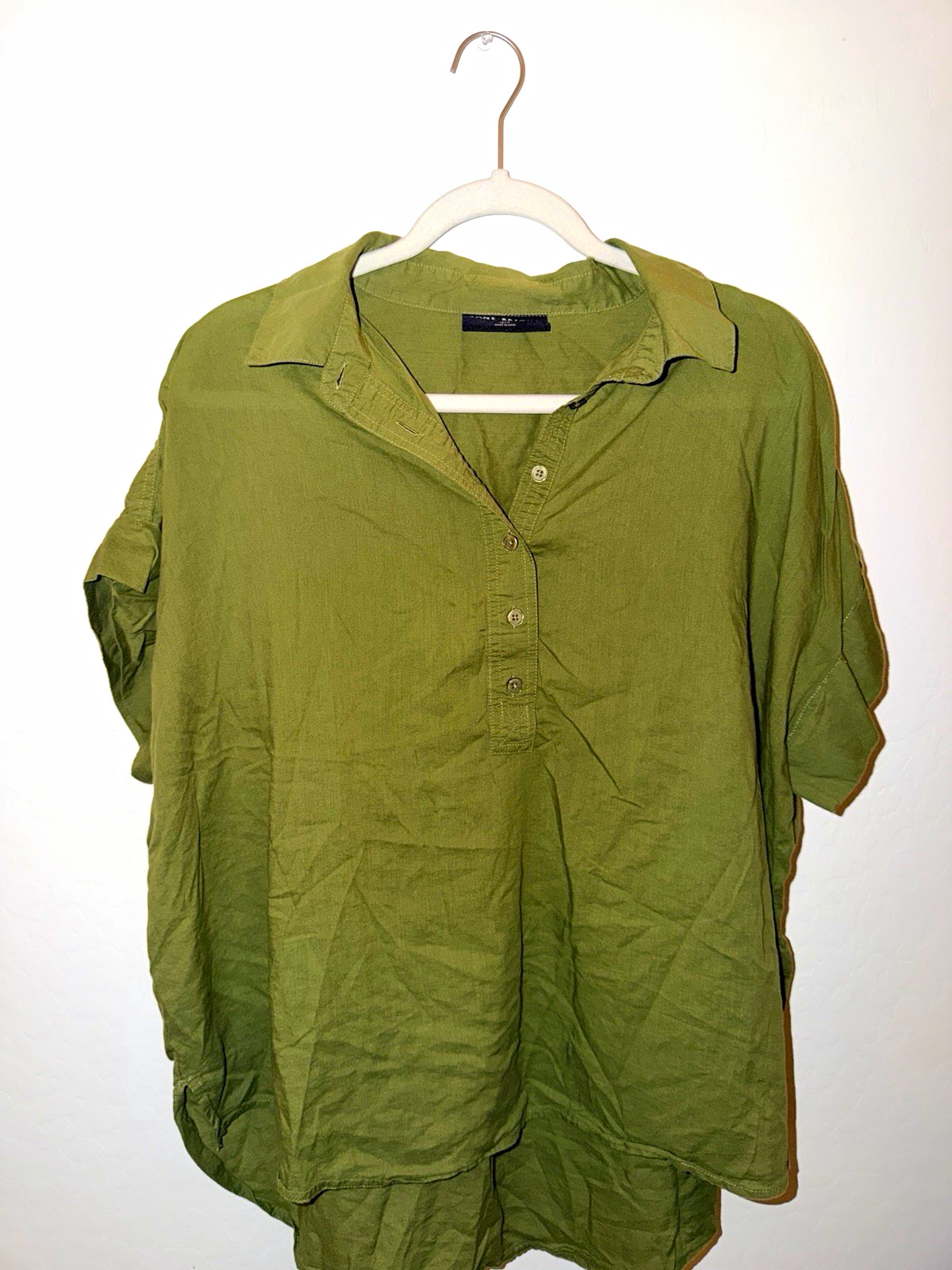 Lane Bryant Green Solid Woven Collared Short Sleeve Button Front Blouse M