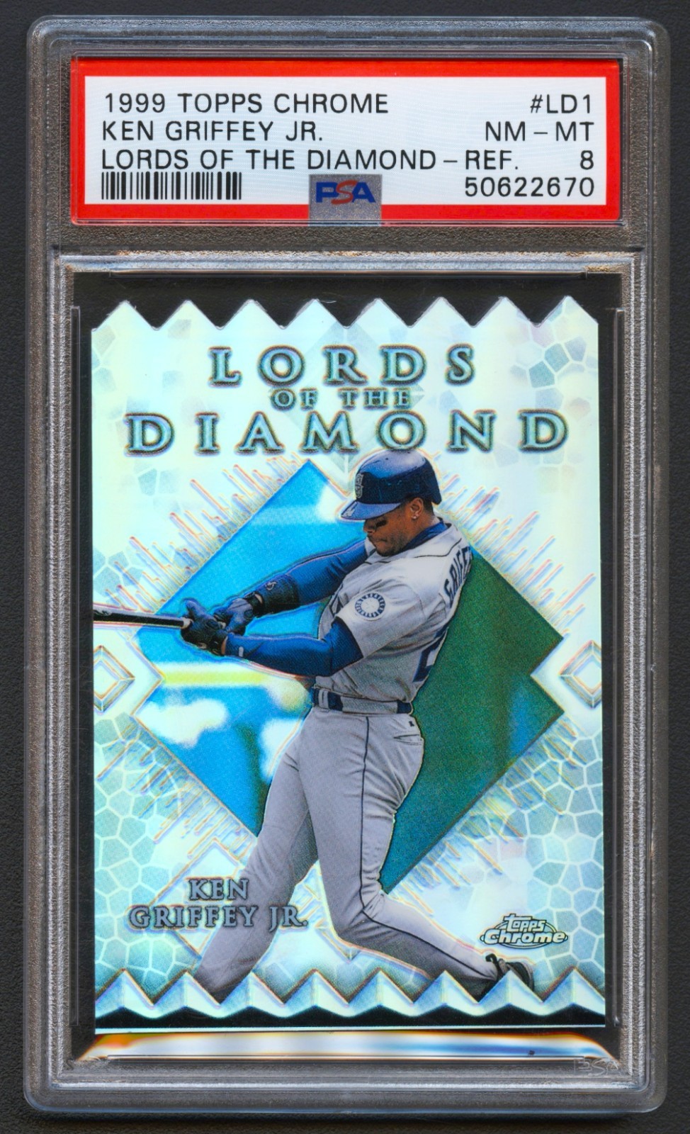 KEN GRIFFEY JR 1999 TOPPS CHROME LORDS OF THE DIAMOND REFRACTOR INSERT PSA 8 KEN GRIFFEY JR 1999 TOPPS CHROME LORDS OF THE DIAMOND REFRACTOR INSERT PSA 8