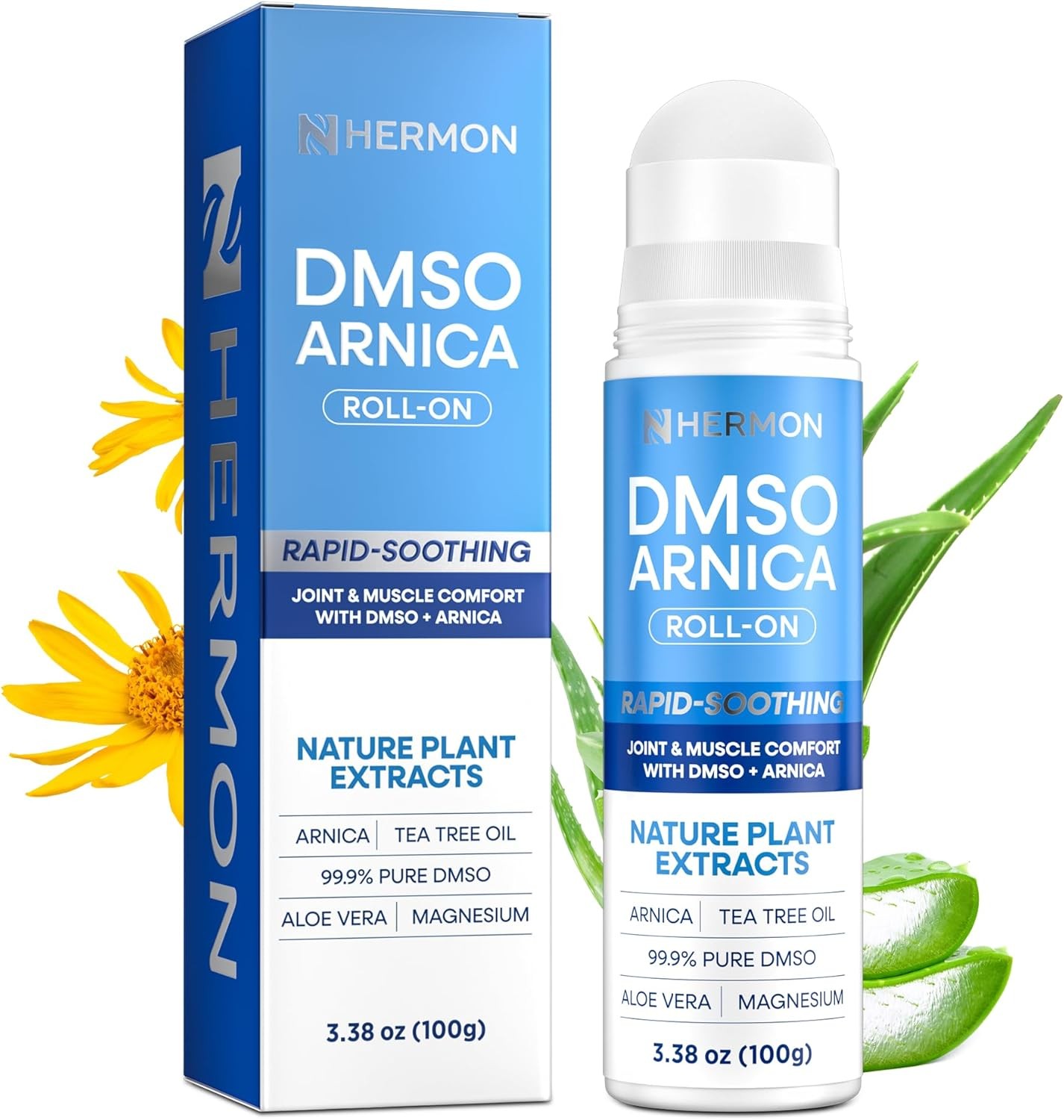 Hermon DMSO Arnica Roll-On: 99.9% Pure Pharmaceutical Grade with Magnesium, Aloe Hermon DMSO Arnica Roll-On: 99.9% Pure Pharmaceutical Grade with Magnesium, Aloe