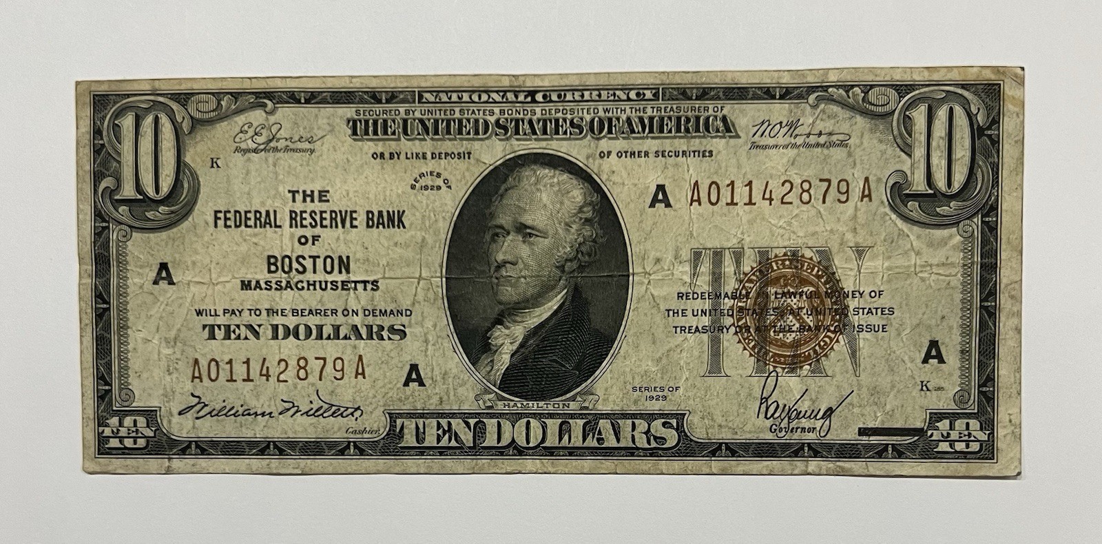 1929 $10 National Currency Boston MA Brown Seal US Federal Reserve Bank Note