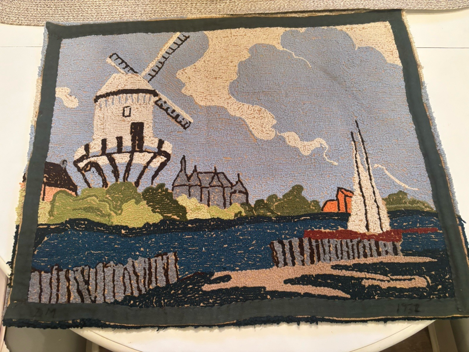 antique primitive hooked rug* Nautical Scene* Sailing* Dutch Scene W/windmill