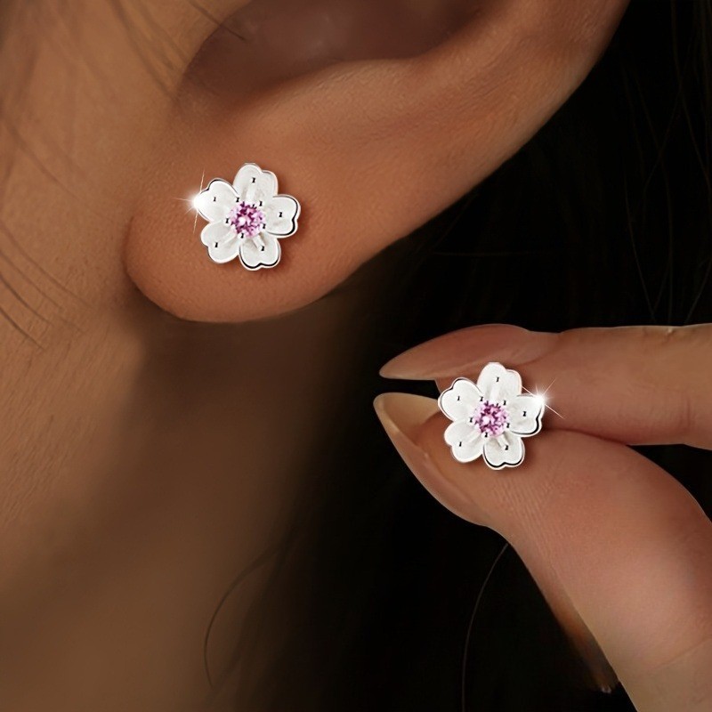 Women\'s Elegant Pink Rhinestone Ear Studs Cherry Blossom SMALL Earrings Copper Women\'s Elegant Pink Rhinestone Ear Studs Cherry Blossom SMALL Earrings Copper