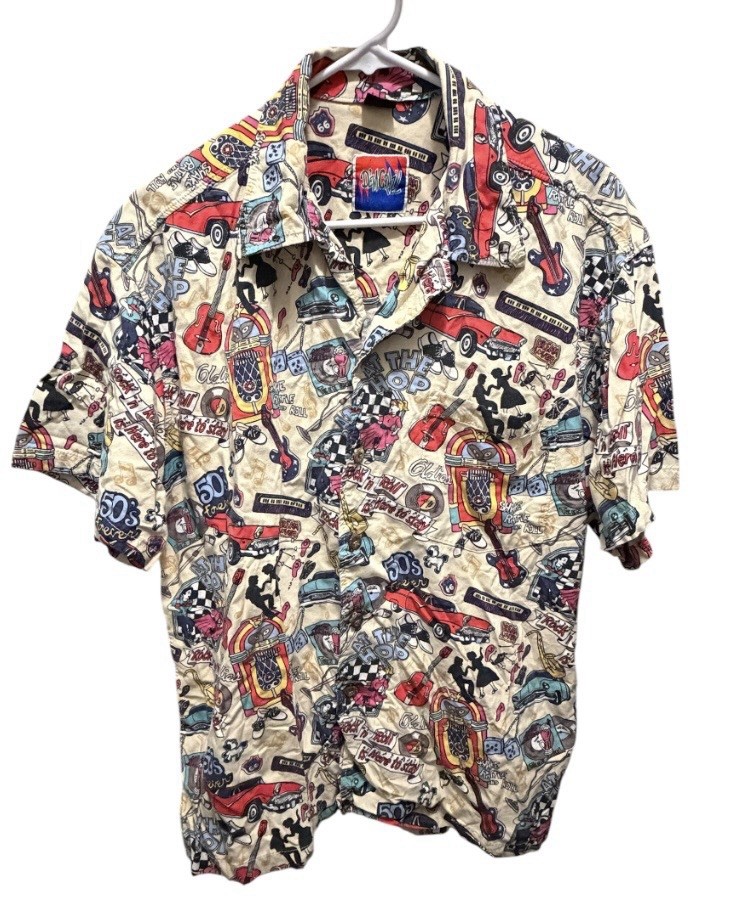 Vintage Dem Crazy Men’s Button Up Shirt Dico Print Size Large 100% Cotton Vintage Dem Crazy Men’s Button Up Shirt Dico Print Size Large 100% Cotton