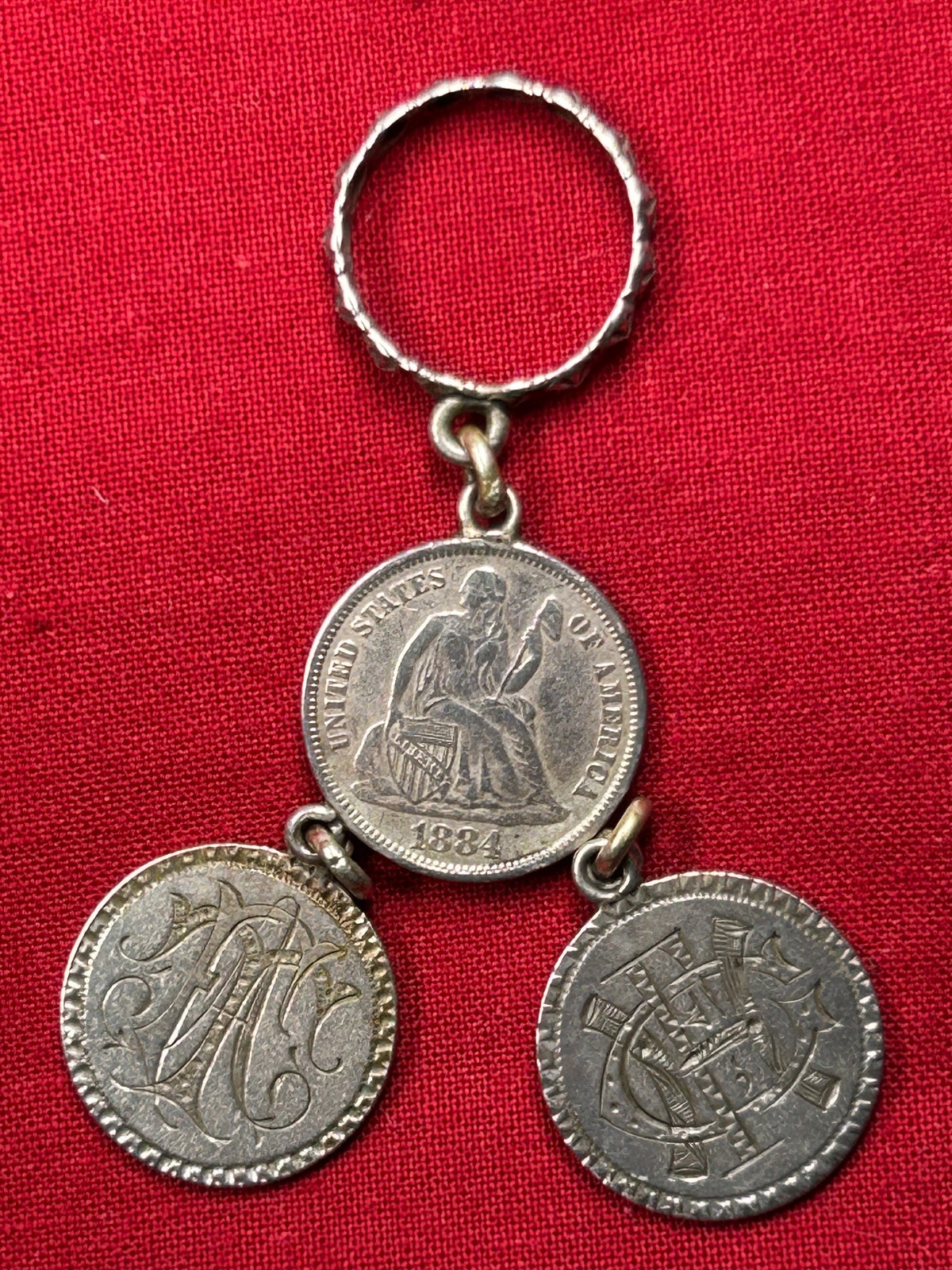 Antique Love Token Silver Fob Pendant Bracelet w/ 3 Seated Liberty Dimes (1884)