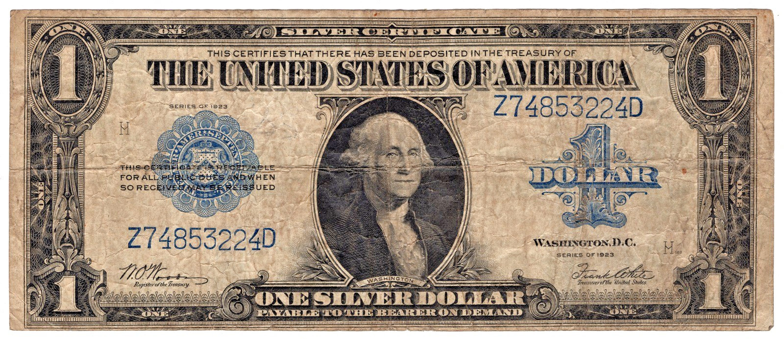 1923 $1 Silver Certificate Horse Blanket Fr 238 Woods White Large Size Blue Seal