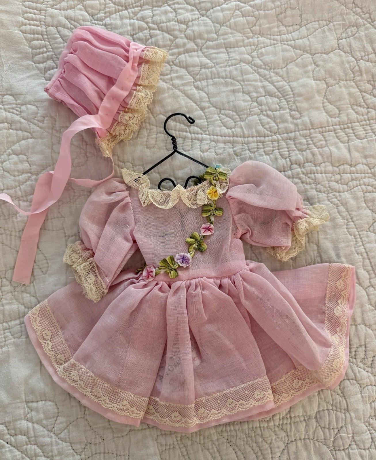 Darling Vintage 7 1/2” Pink Muslin Lace Dress and Bonnet Darling Vintage 7 1/2” Pink Muslin Lace Dress and Bonnet