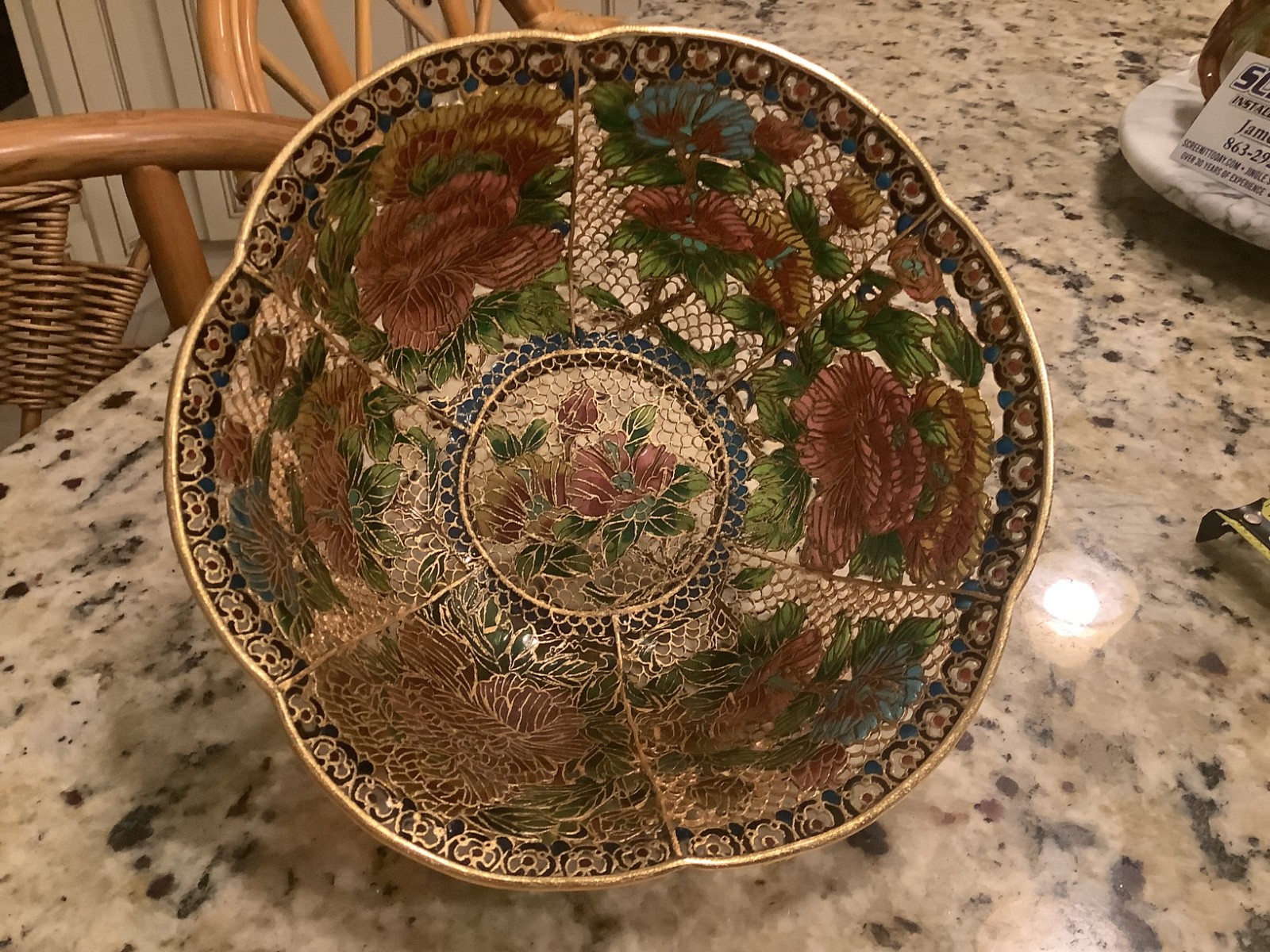 VTG Chinese Cloisonné Plique-a-Jour Floral Translucent Bowl Floral Art Mint