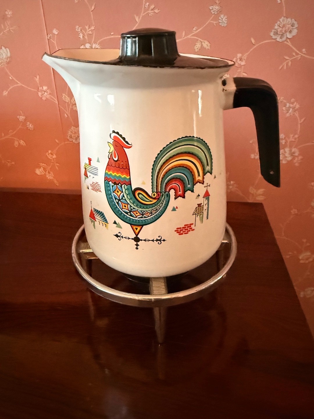 Vintage Berggren Rooster Enamel Coffee Pot Rooster Sweden Folk Art with Warmer Vintage Berggren Rooster Enamel Coffee Pot Rooster Sweden Folk Art with Warmer