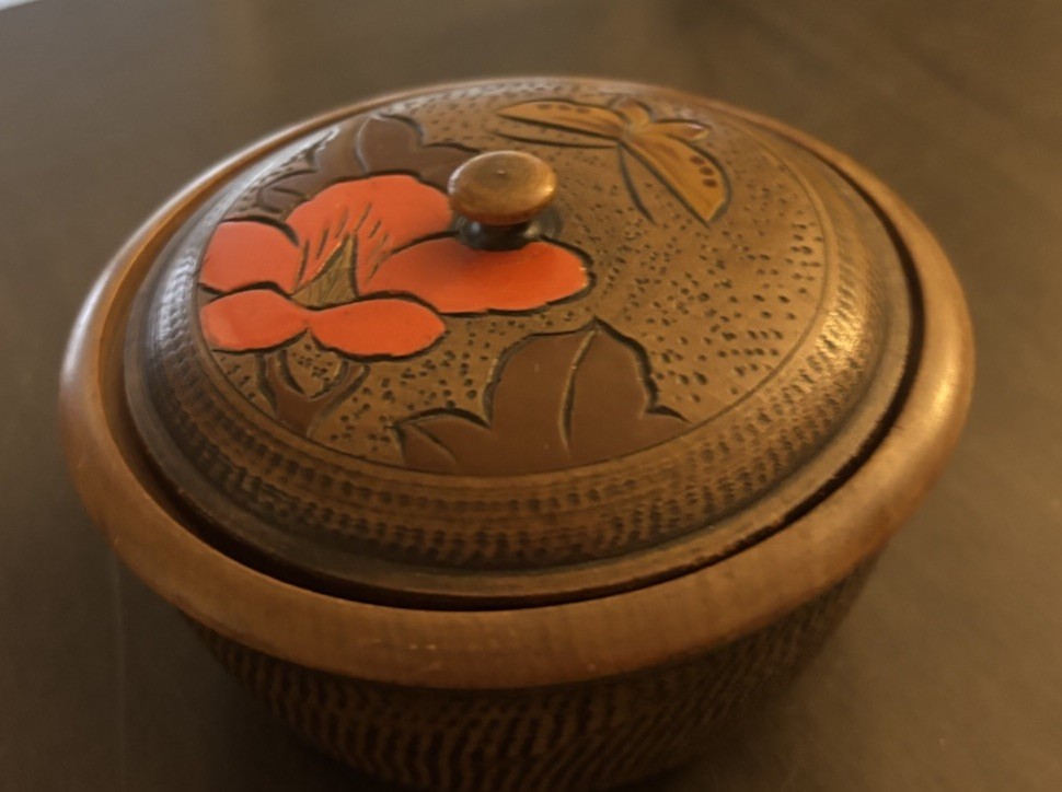 Vintage JAPANESE FLORAL Butterfly Hand Carved Round Wood Trinket Box Container