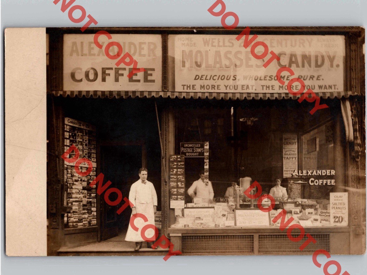 c1910 Alexander Coffee Store Wells Molasses Candy POSTCARDS FOR SALE RPPC Photo