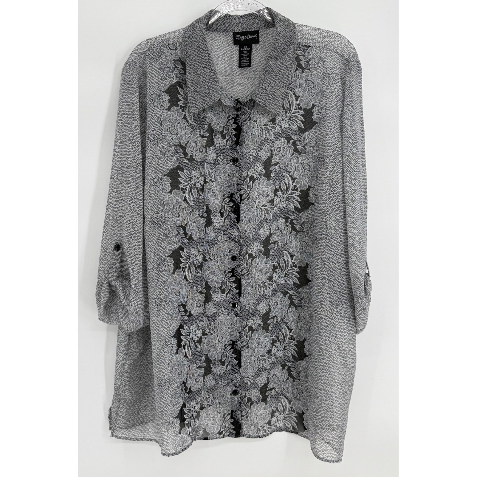 Maggie Barnes Women Sz 3X 26/28W Floral Honeycomb Sheer Roll Tab Blouse