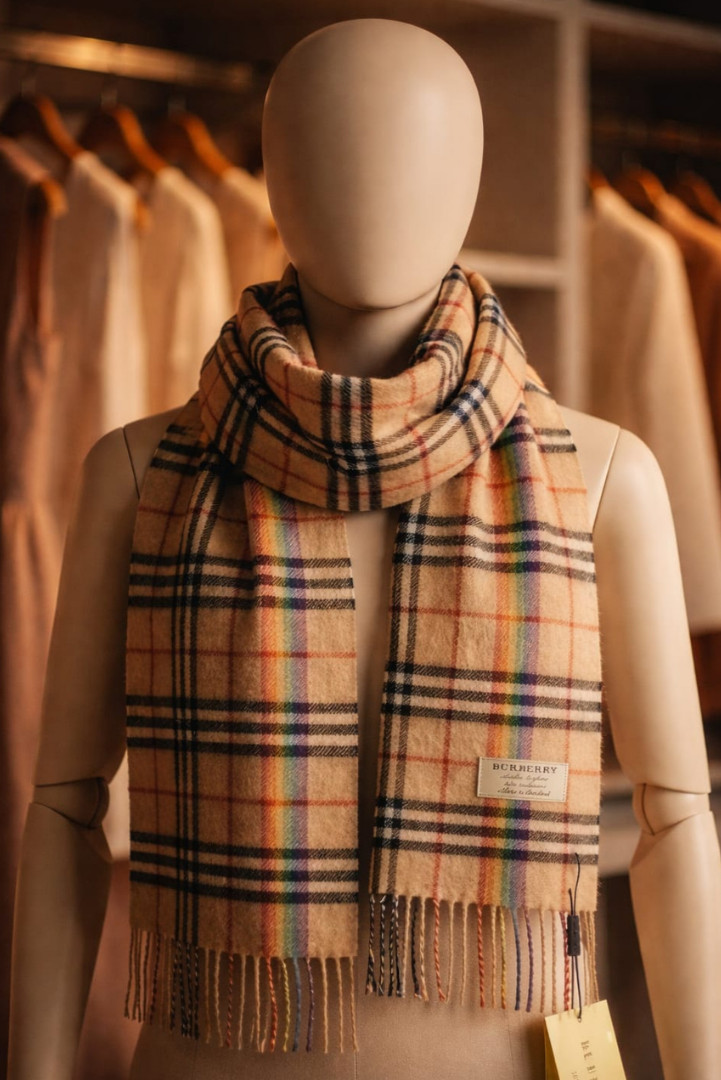Burberry Cashmere Scarf Classic Check Rainbow Stripe 100% Cashmere Scotland