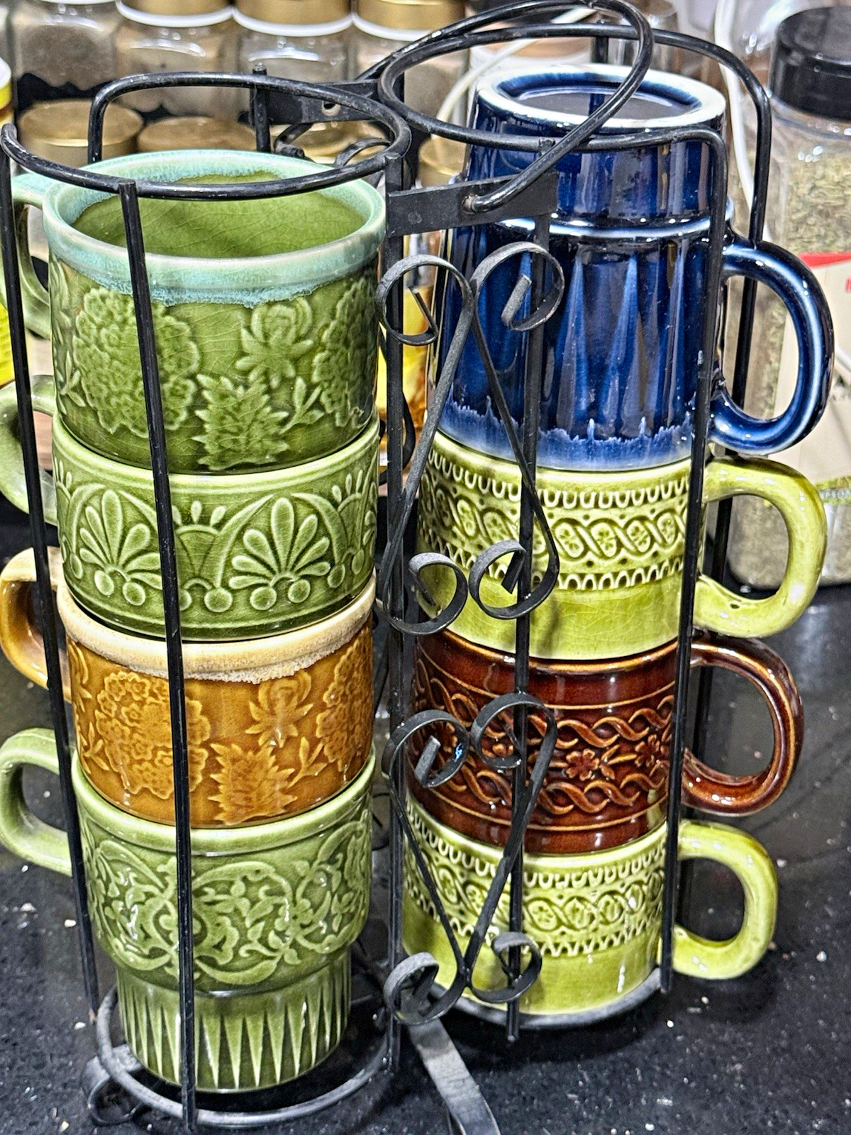 Vintage Japan Stacking Coffee Mugs Set of 8 w/ Metal Rack 1970s Stoneware