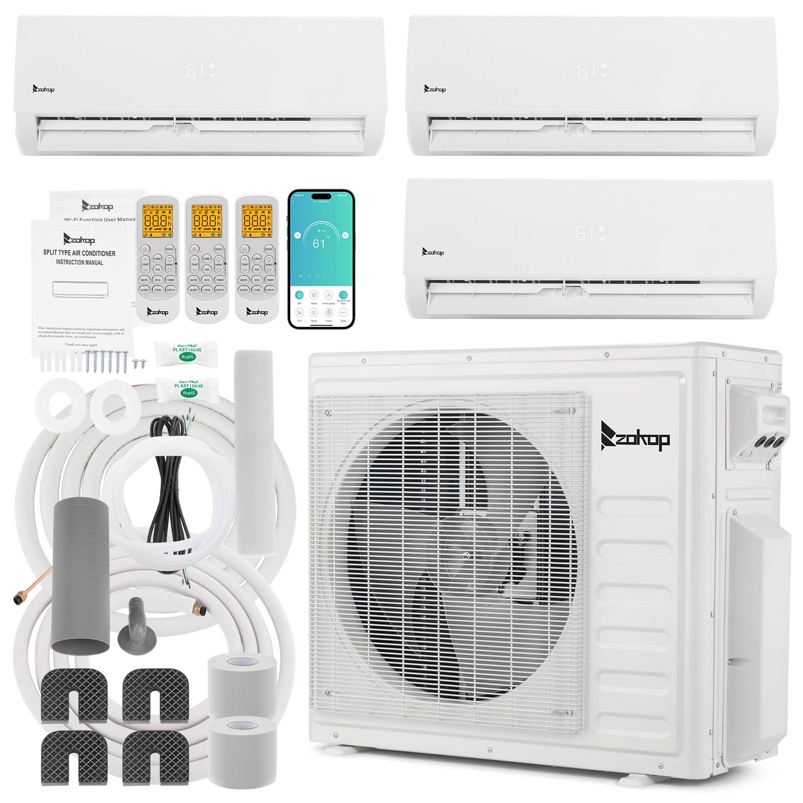 28000 BTU 3 Zone Ductless Mini Split Air Conditioner & Heat Pump -9K+9K+18K,Wifi