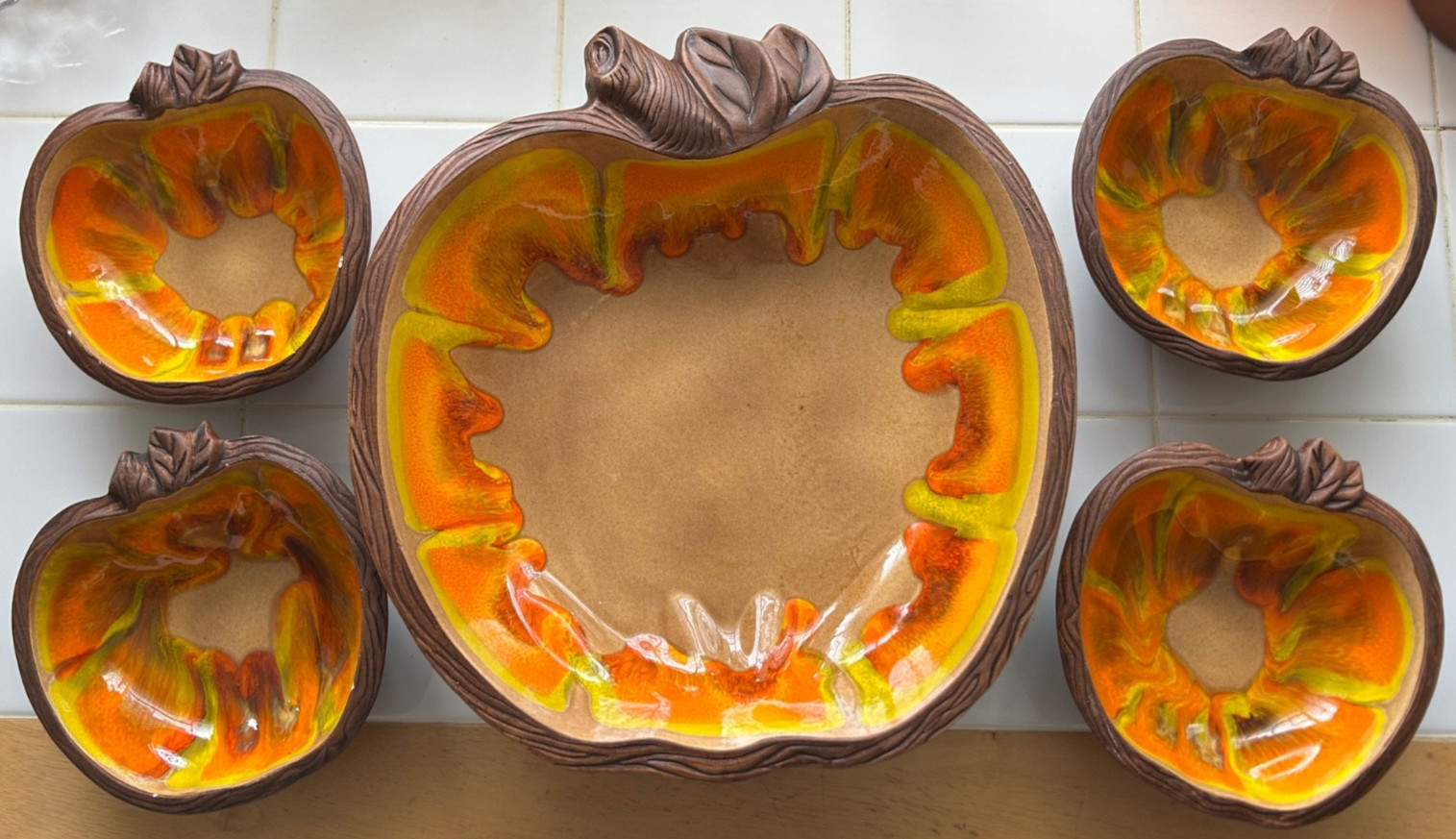 Rare VTG MCM California Pottery SEQUOIA BOWL SET 801A-B USA Orange Yellow Red