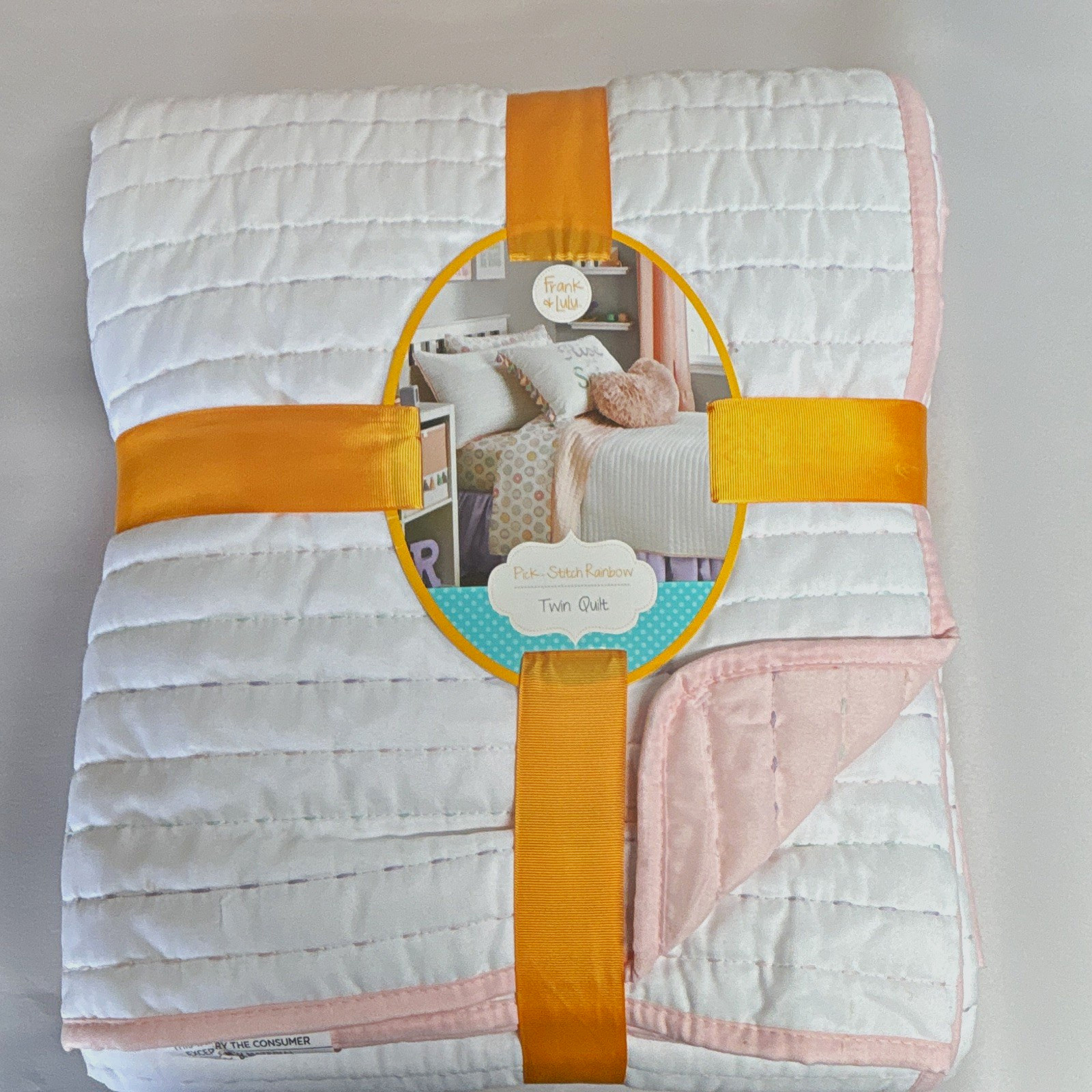 Frank and Lulu Pick Stitch Rainbow Twin Quilt Quilted Cotton White/Pink 66x86 Frank and Lulu Pick Stitch Rainbow Twin Quilt Quilted Cotton White/Pink 66x86
