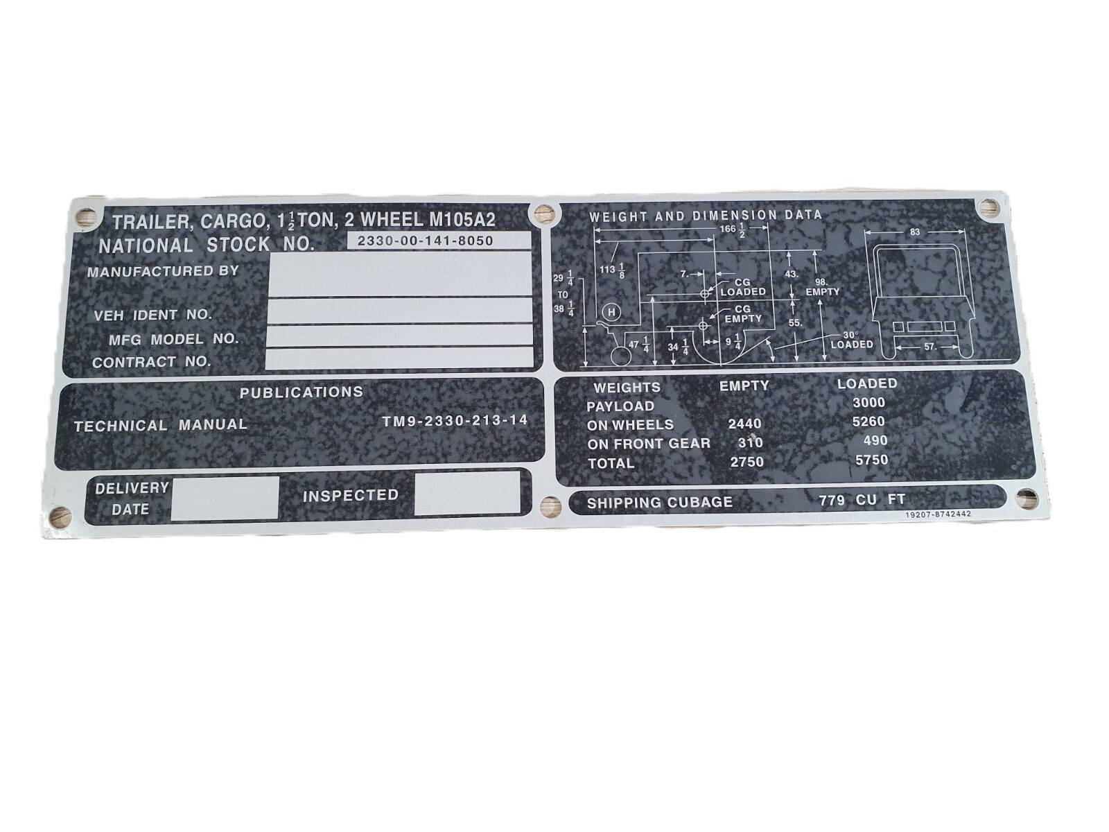 US ARMY M105A2 Humvee Trailer Cargo 2 Wheel Data Plate Sign USMC Spare Part Size