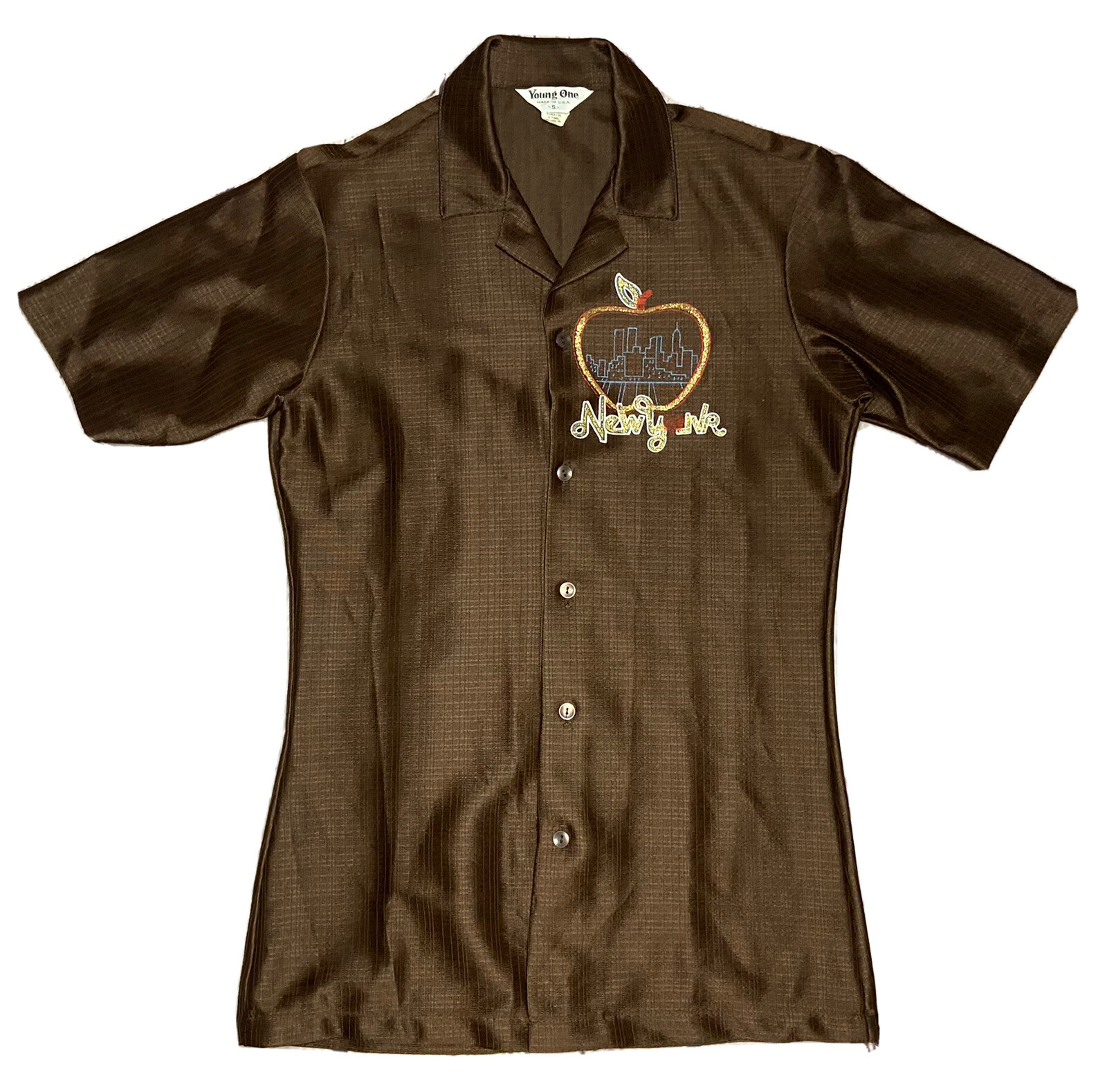 *VINTAGE* Young One Women\'s Brown NEW YORK Big Apple Button Down; Made in USA; S