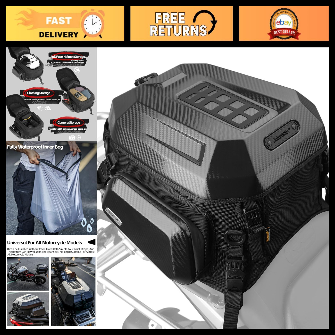 Expandable Waterproof Motorcycle Tail Bag, 23-35L Hard Shell Rear Seat Luggage w