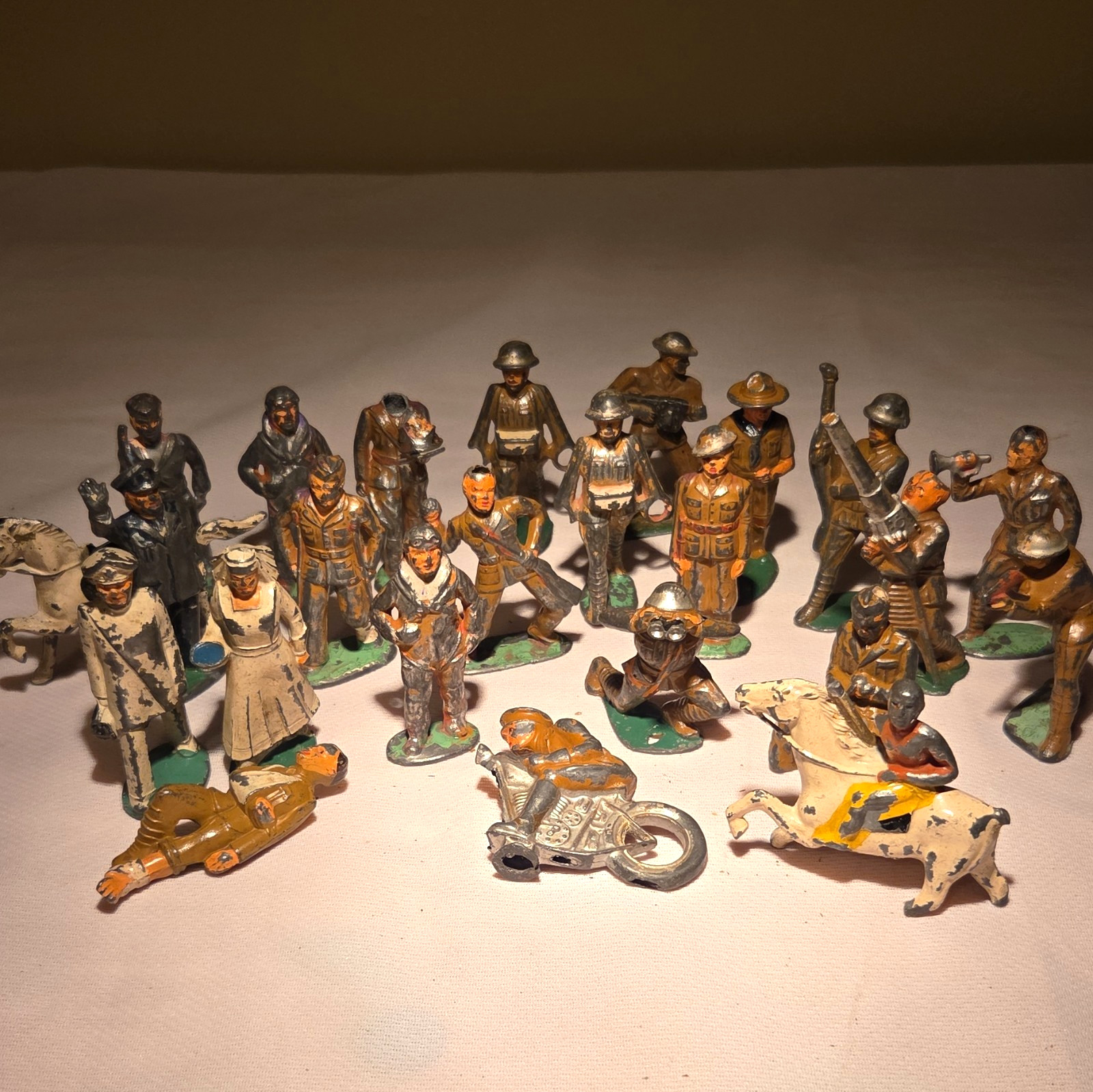 Vintage Lead Infantry Toy Soldier Figure Lot w/ Horses, Motorcycle & Sidecar