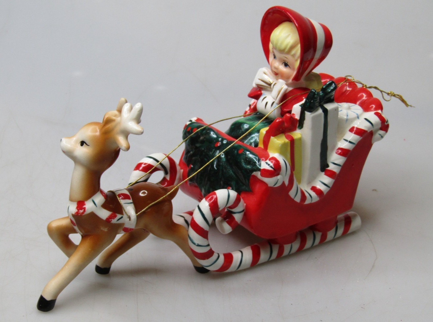 VTG Ceramic Lefton Candy Cane Shopper Girl In Sleigh Reindeer Christmas Ornament