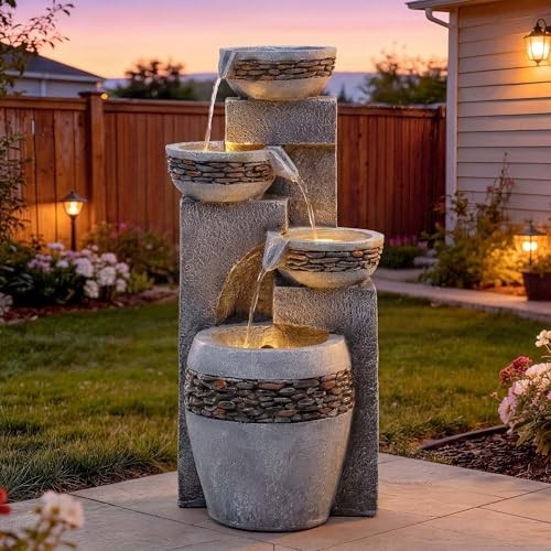4-Tiers Garden Waterfall Fountain Outdoor Resin with LED Light for Patio
