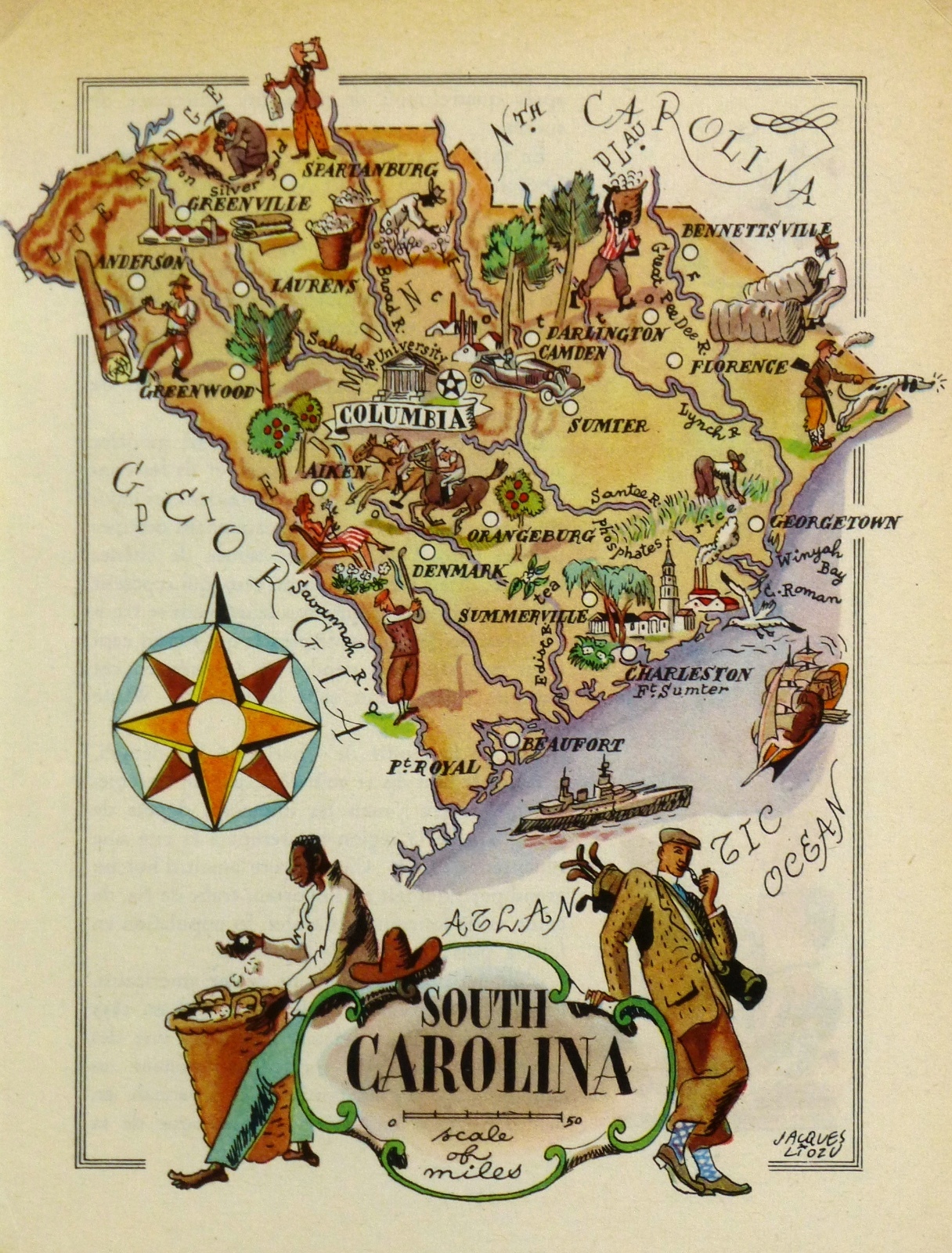 South Carolina Antique Vintage Pictorial Map  (Small/Postcard size)