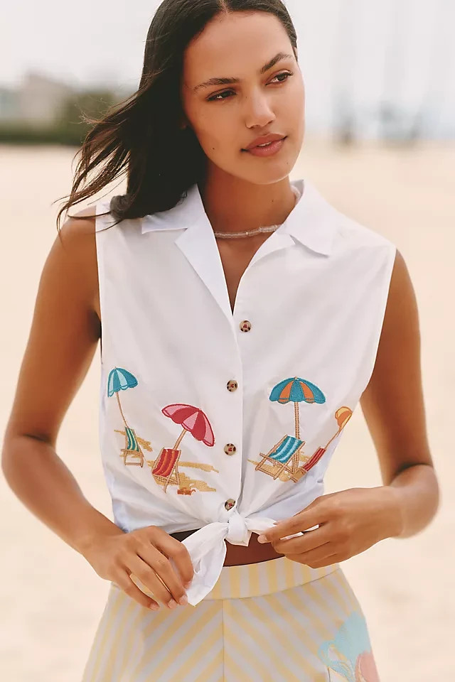Celandine Embroidered Sleeveless Tie Blouse Medium - Anthropologie Tank Summer Celandine Embroidered Sleeveless Tie Blouse Medium - Anthropologie Tank Summer