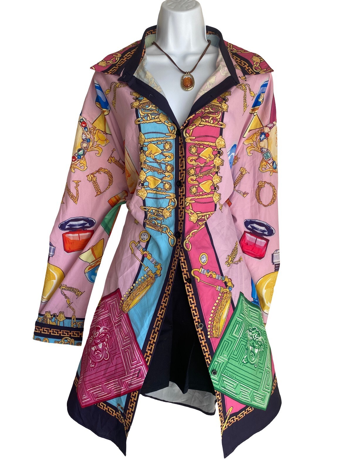 Vintage Plus 2X Pink Scarf Print Long Tunic Blouse Button Up Artsy Festival boho Vintage Plus 2X Pink Scarf Print Long Tunic Blouse Button Up Artsy Festival boho