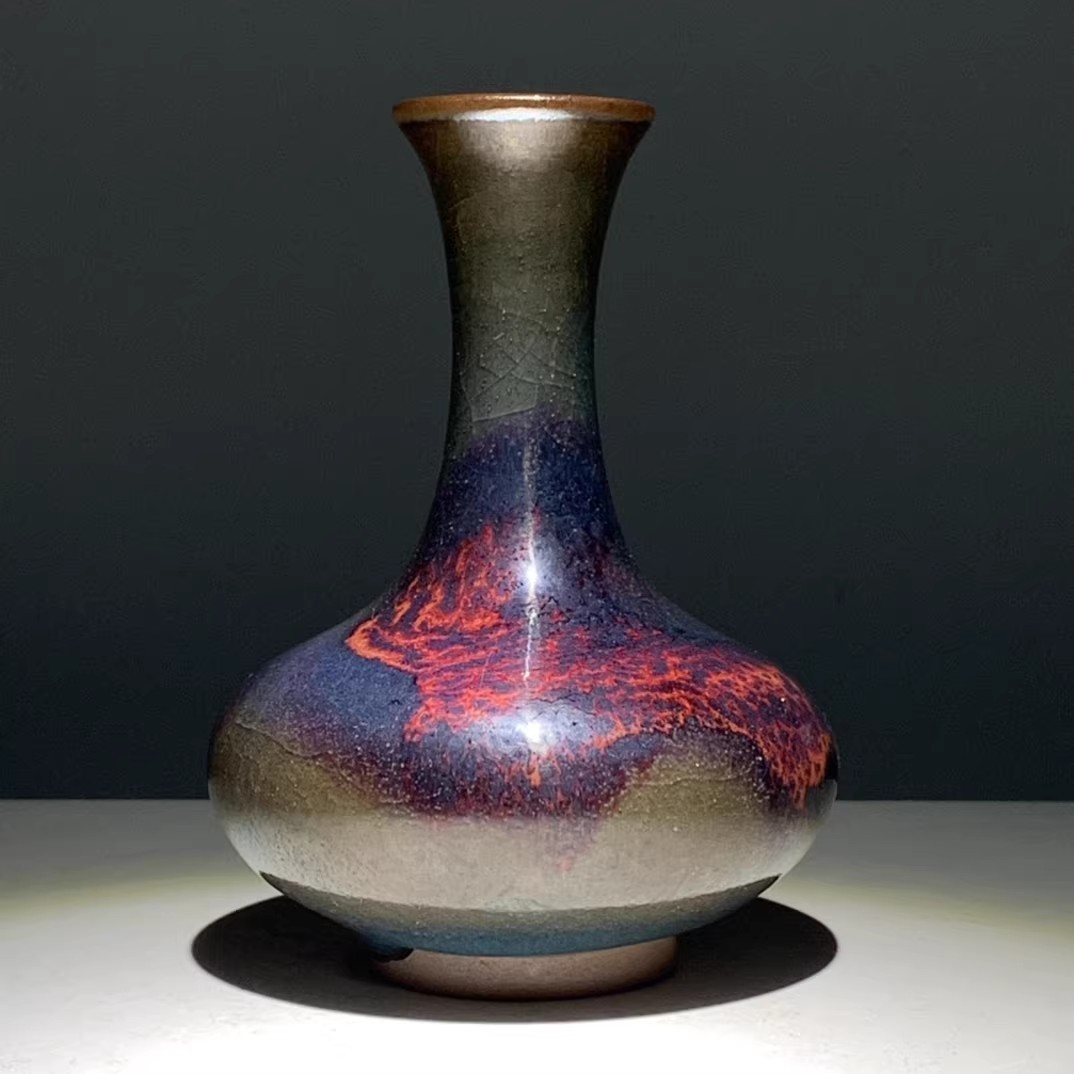 Chinese Song Jun Kiln Blue Glaze Porcelain Red Spot Vase 4.13 inch
