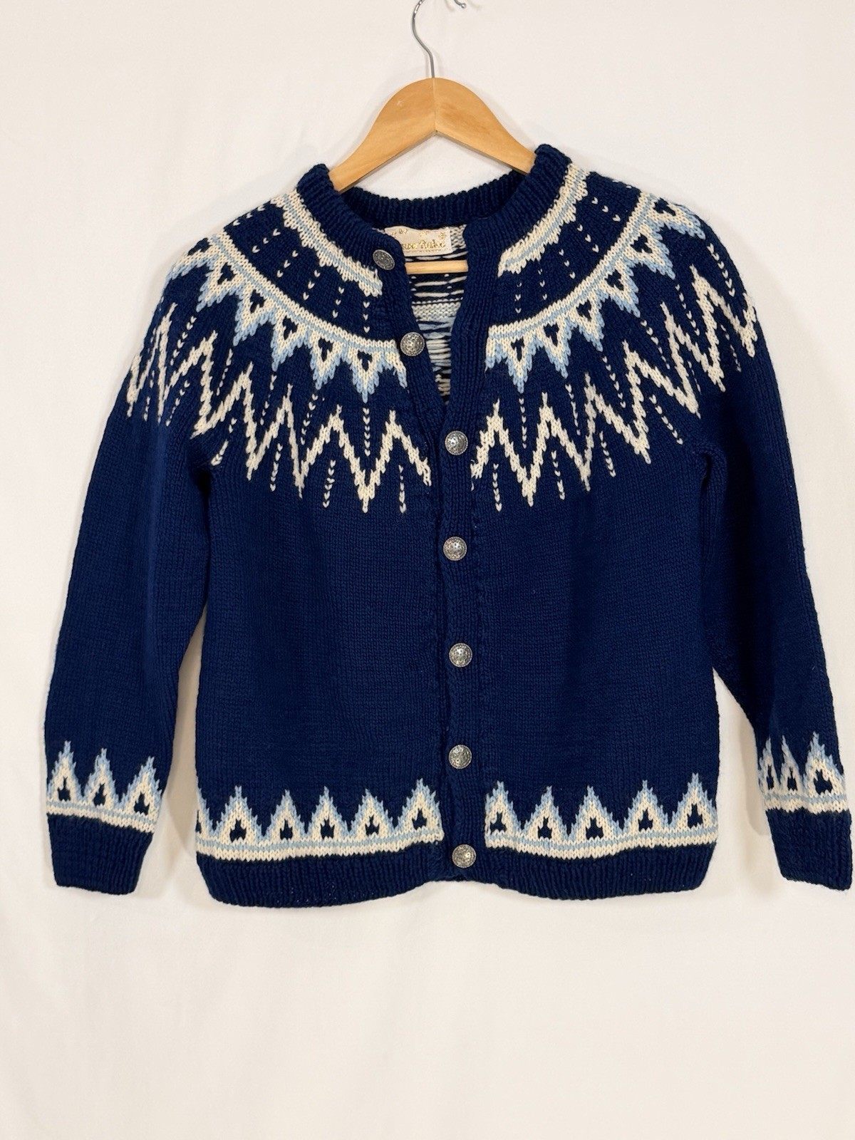 Vintage Snow-Flake Hand Knit Norwegian Wool Cardigan Nordic Ski Sweater S/M