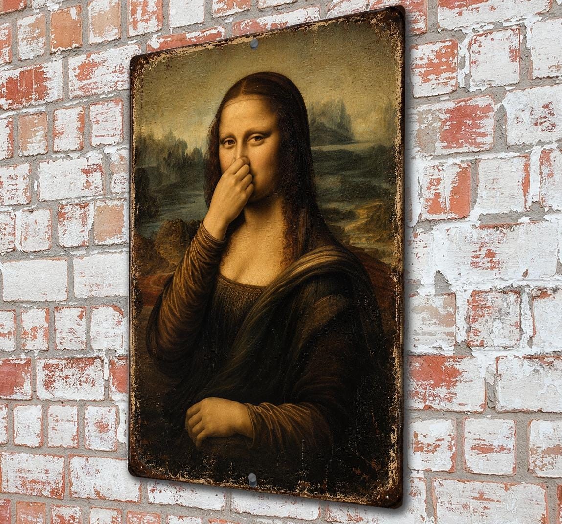 Vintage Mona Lisa Holding Her Nose Sign, Funny Renaissance Art Decor