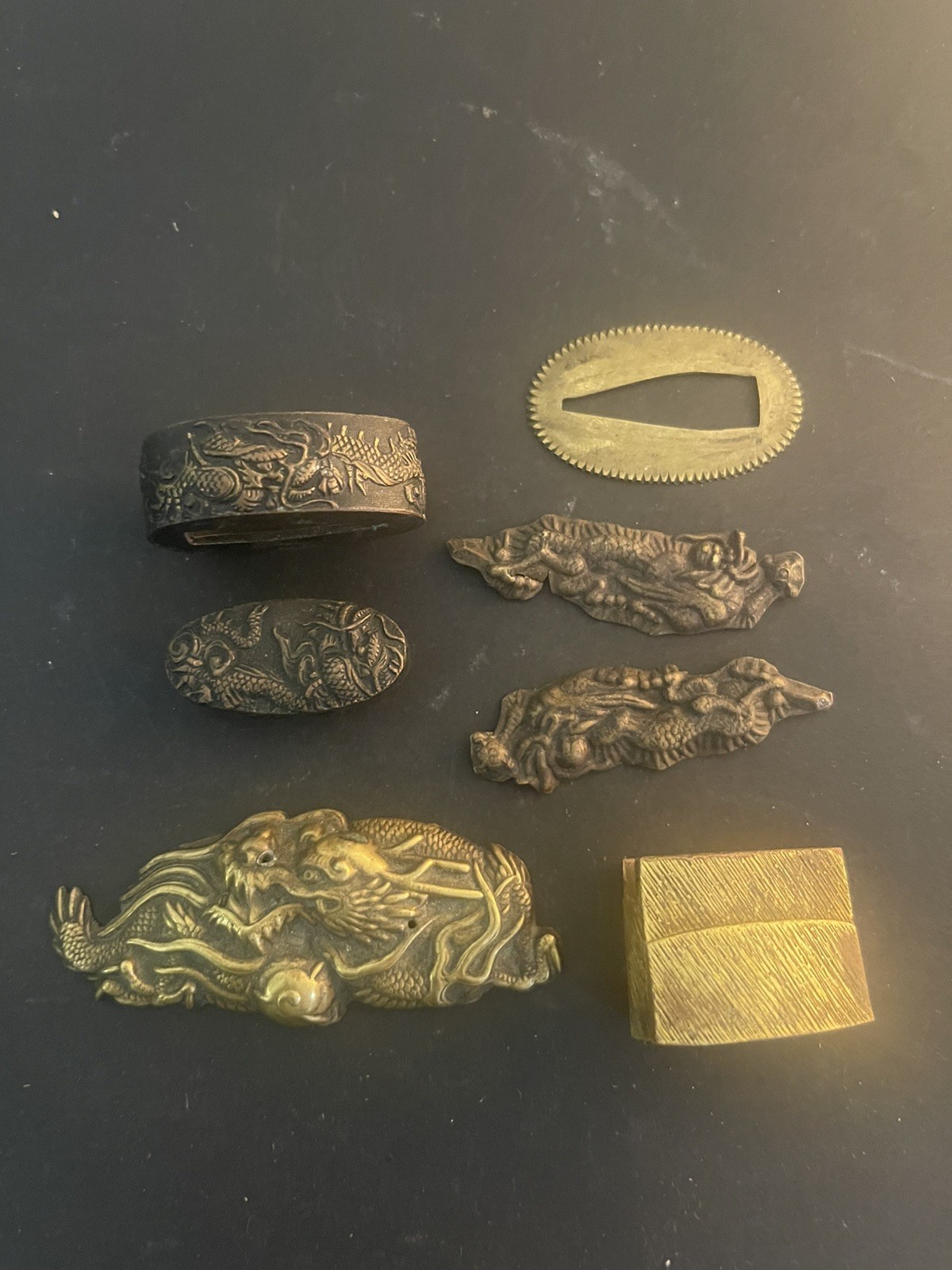 Antique Japanese Sword Fittings Lot Edo Dragon Fuchi Kashira Menuki Habaki