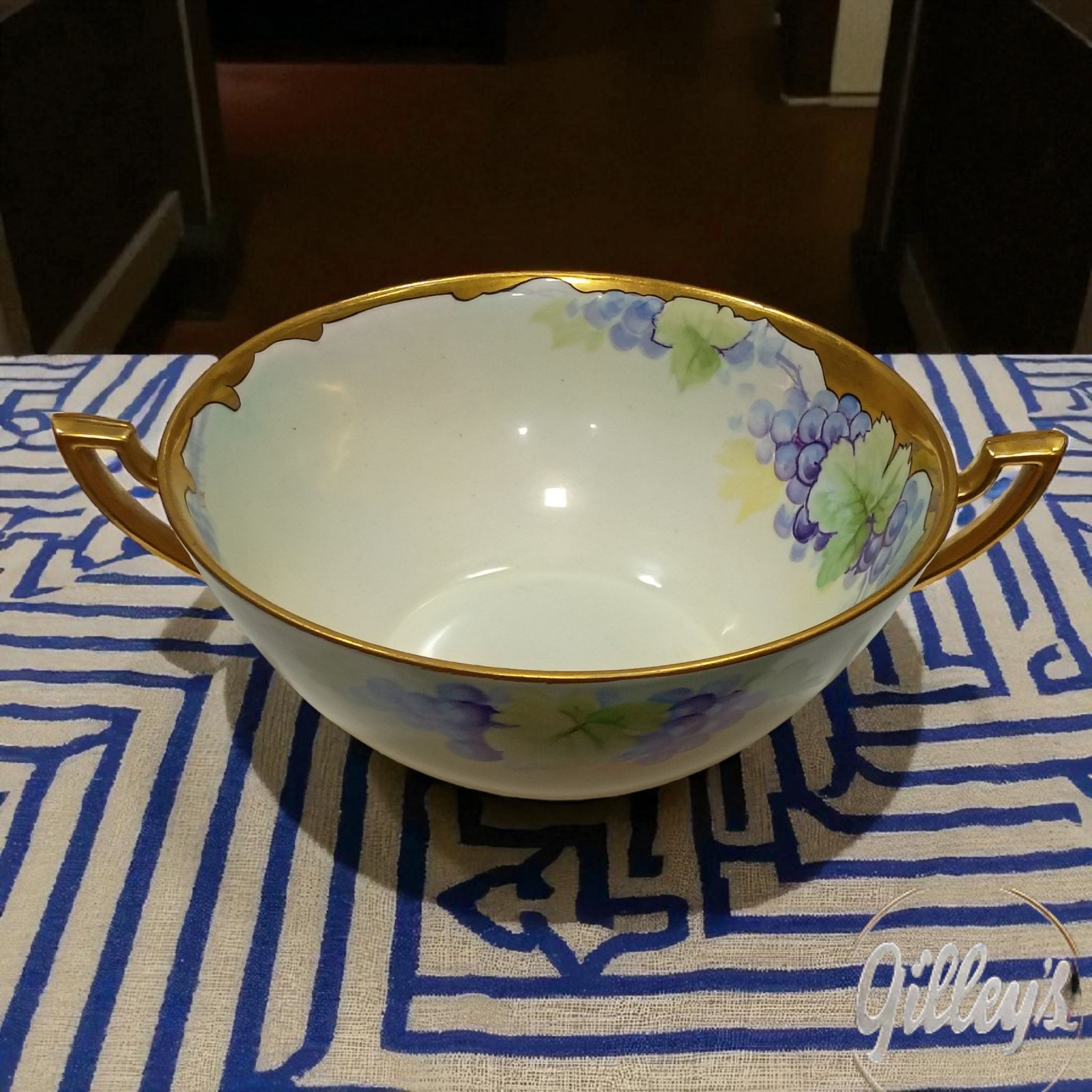 Victorian Antique Porcelain Bowl Hand Painted France Grapes Gold Trim LIMOGES