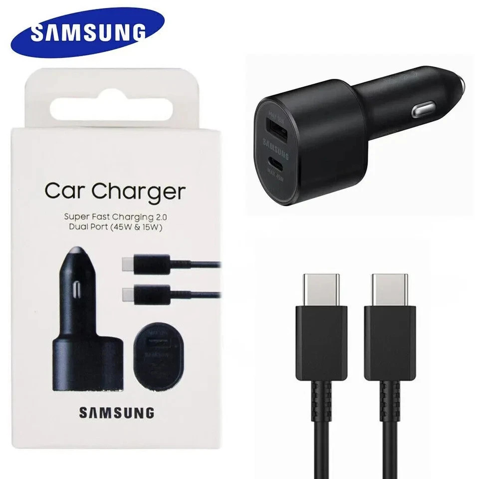 🎁NEW Samsung 45W 2 Ports Super Fast Charging Dual Car Charger with Cable