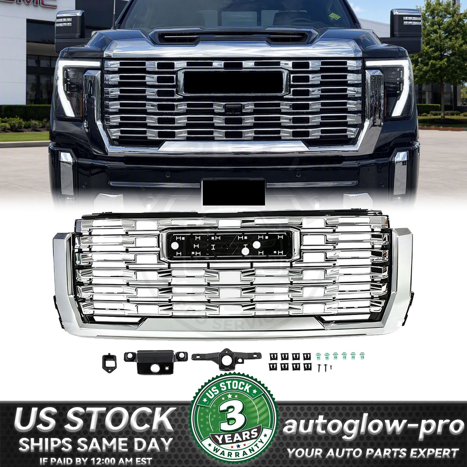 Chrome Front Bumper Grille Grill For 2024-2026 GMC Sierra 2500 HD 3500 HD Denali