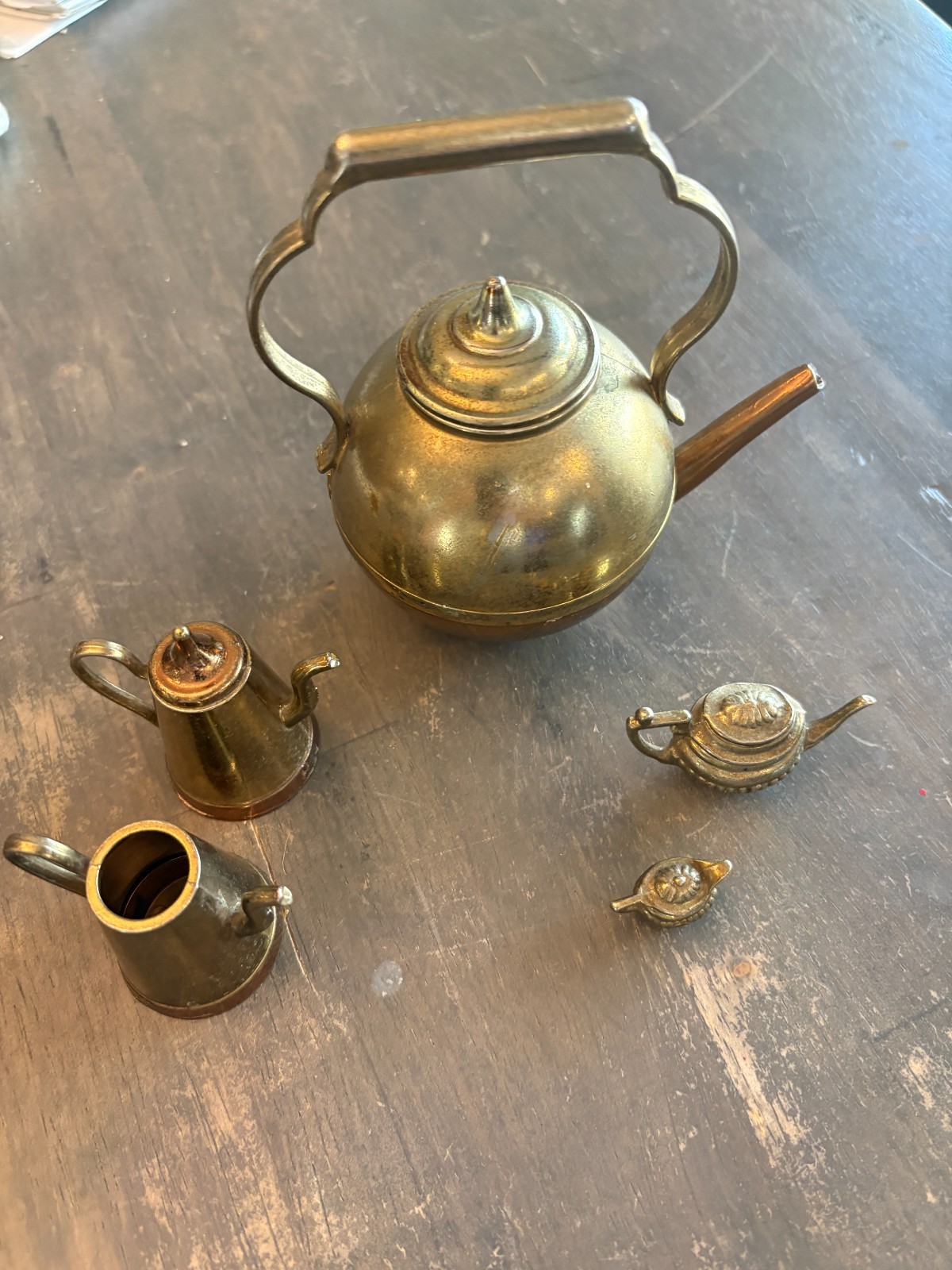 Vintage Miniature Copper Brass Tea Set w/Urns Curio Dollhouse