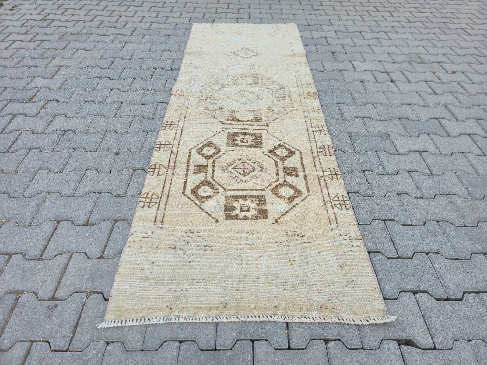 2x8 Geometric Cream Brown Runner - Wool Muted Vintage Turkish Oushak Runner Rug
